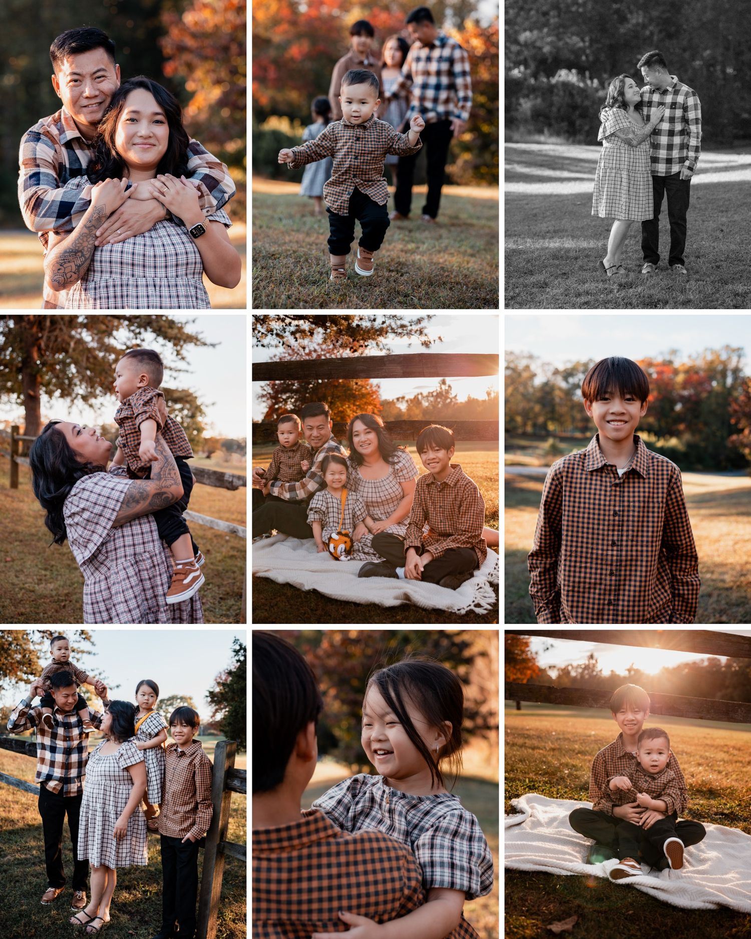 A collection of candid outdoor family photos taken during golden hour with warm autumn colors and plaid clothing.
