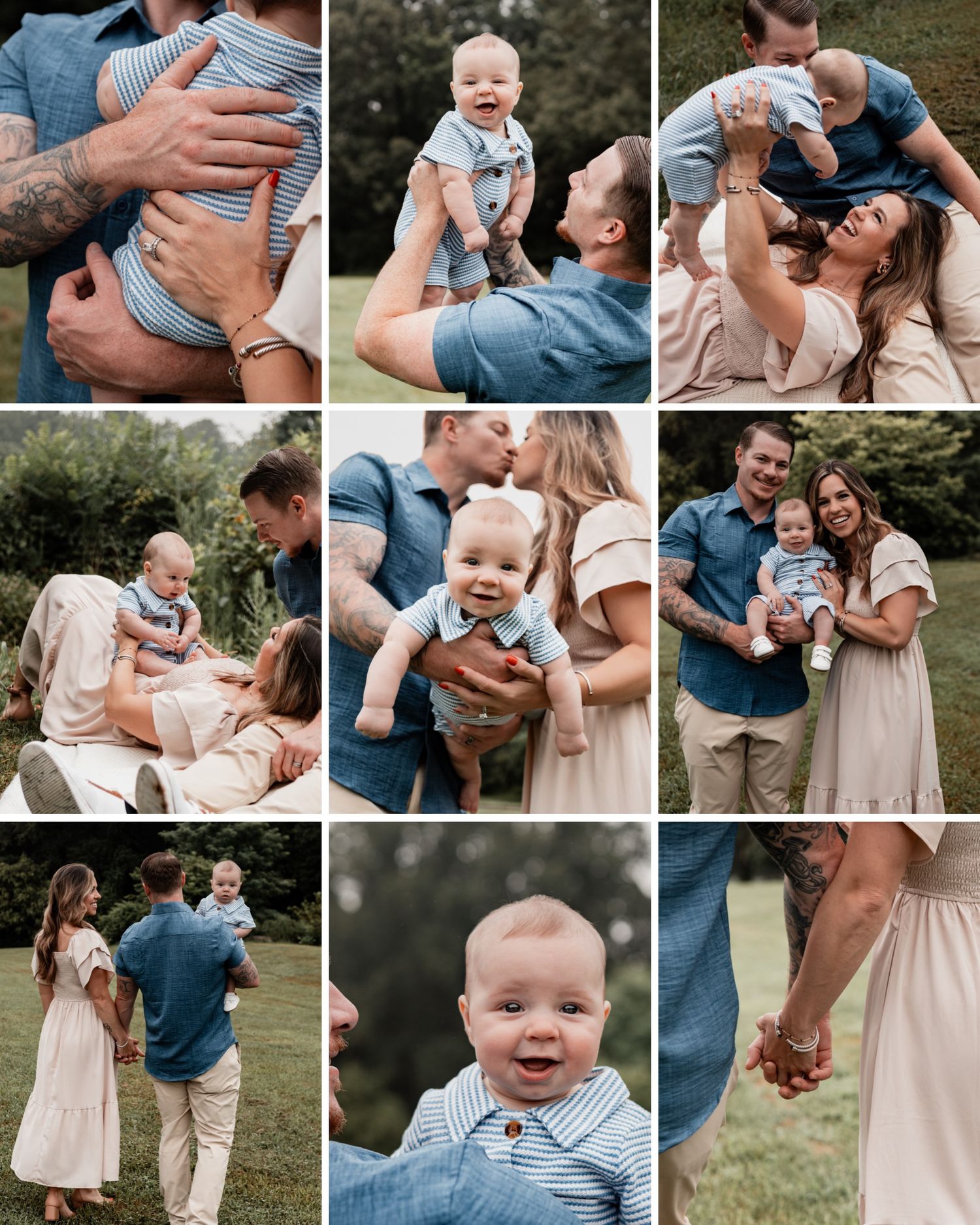 Candid outdoor family photography session showing tender moments and interactions in a natural setting.