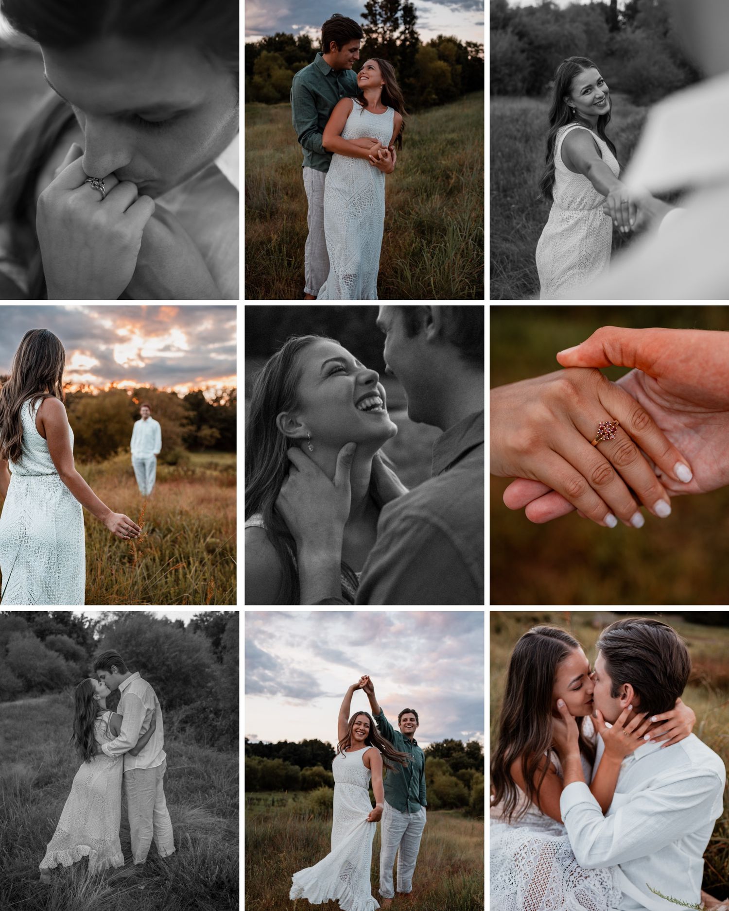 Romantic outdoor photo session in a golden field at sunset with soft natural lighting and intimate poses.