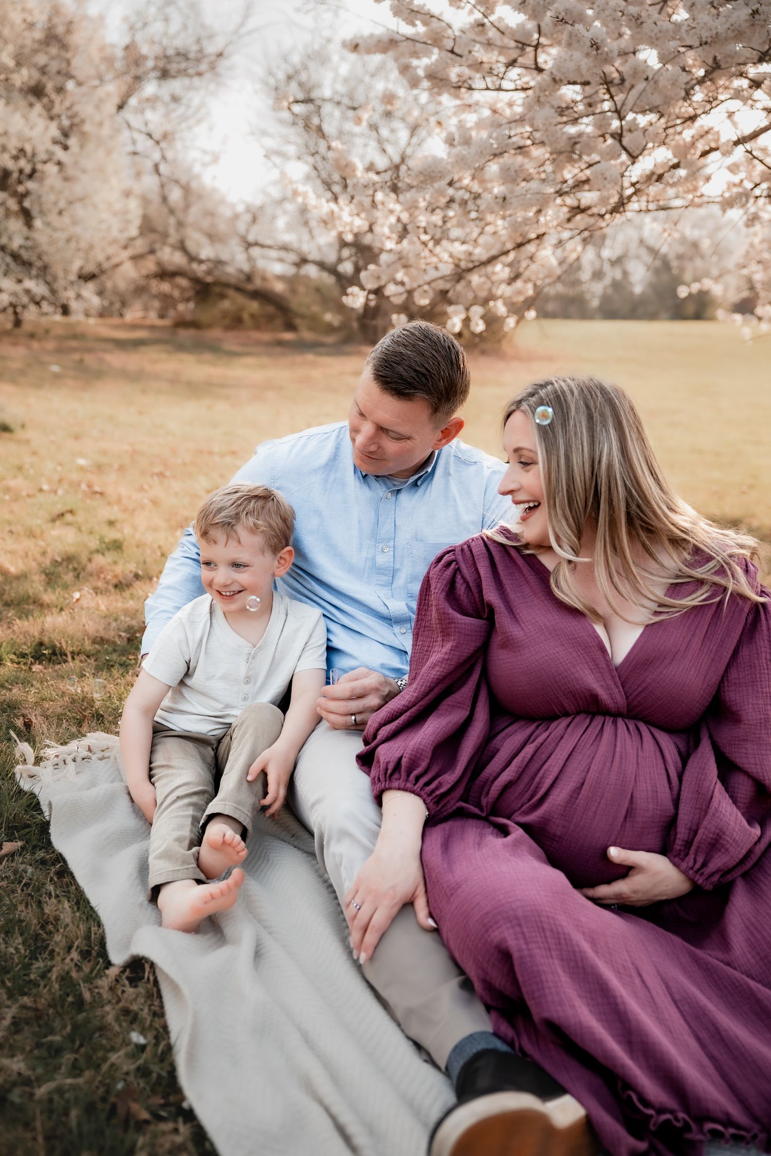 A pregnant woman in a purple dress sits with her husband and young son on a blanket under blooming cherry blossom trees.