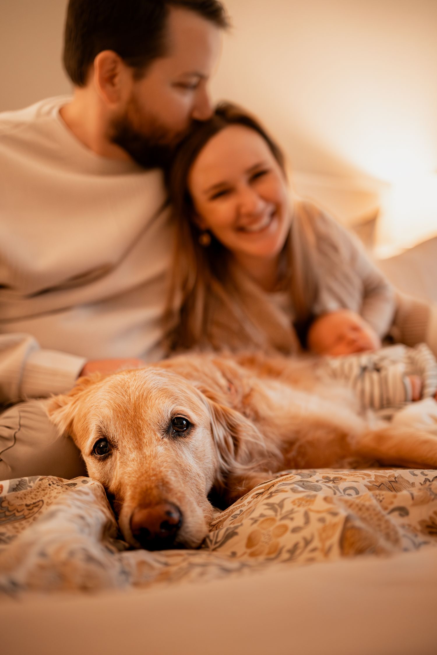 Golden retriever rests on bed while family shares tender moments in warm lighting.