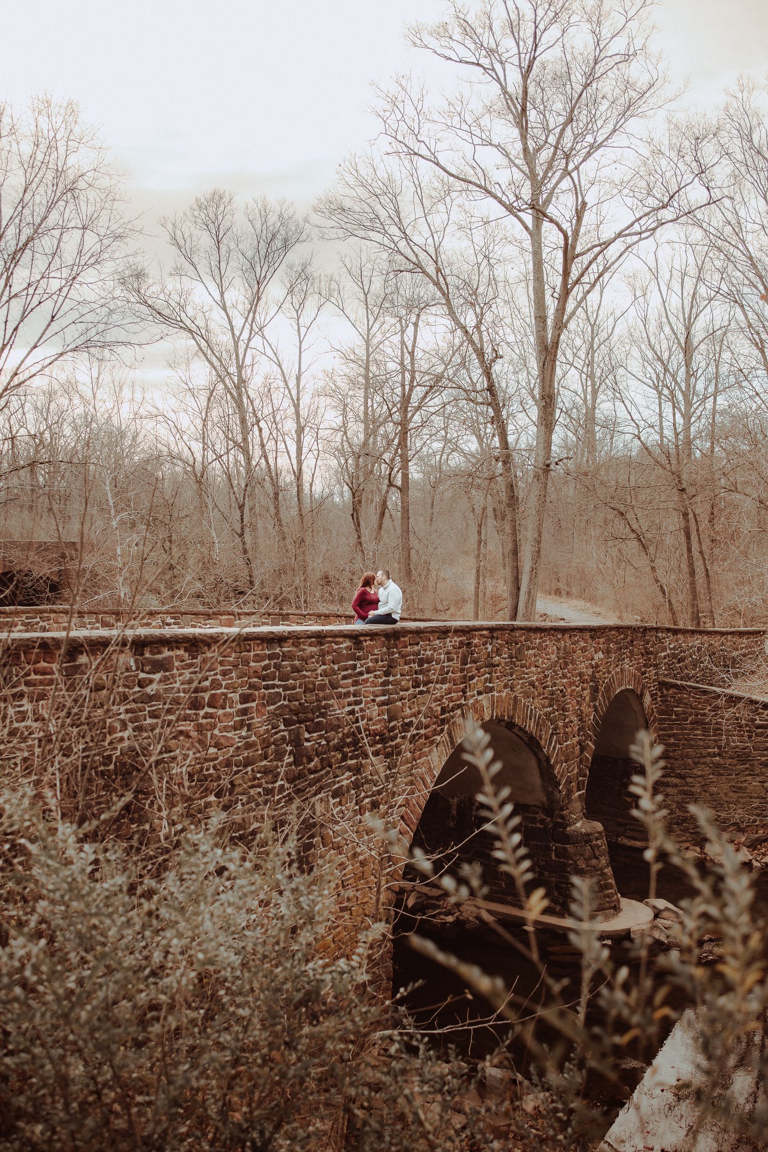 A panoramic sequence of winter trees and stone wall leading to a couple sitting together in the distance.