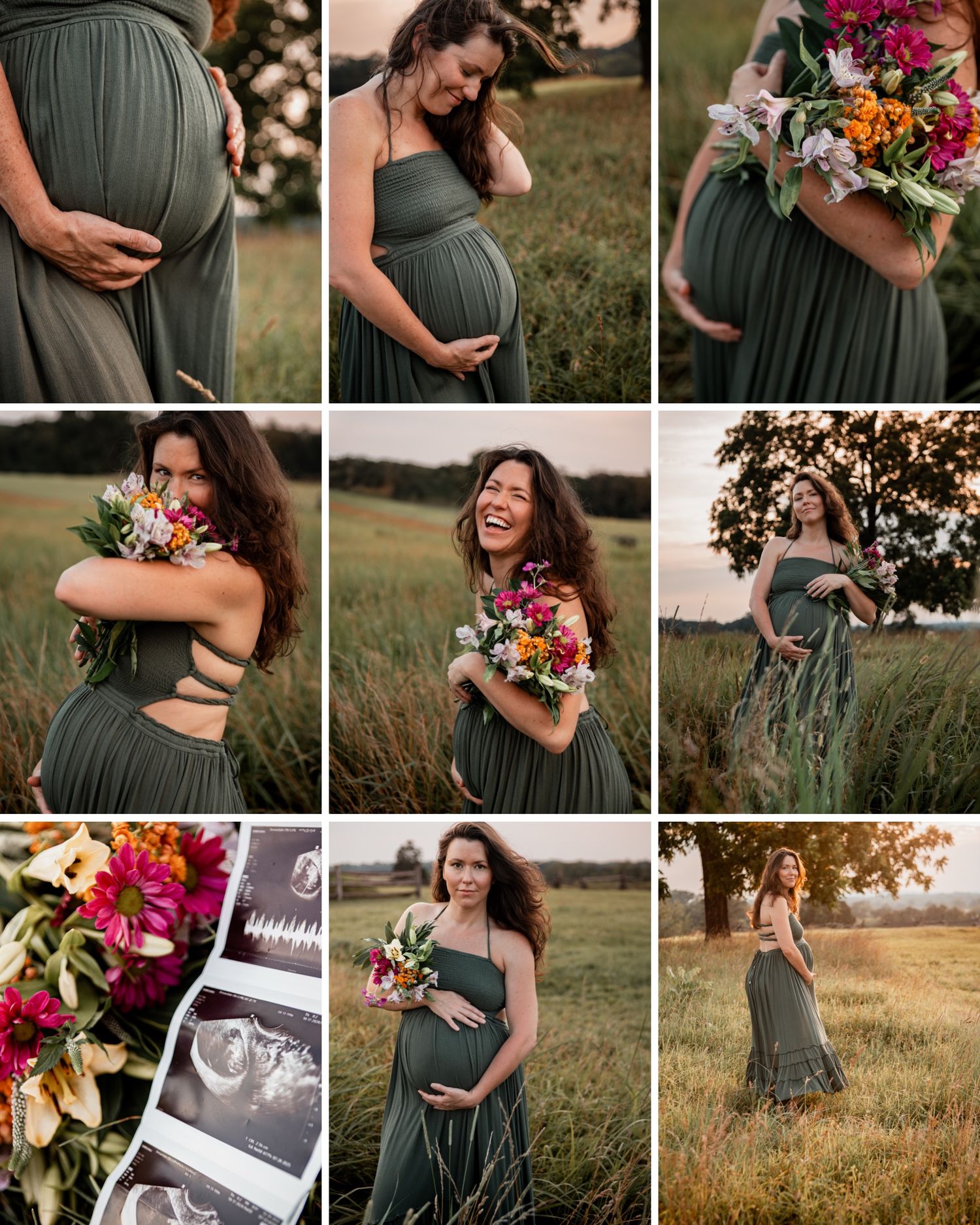 A collection of maternity photos showing a woman in a sage green dress holding colorful wildflower bouquets at sunset.