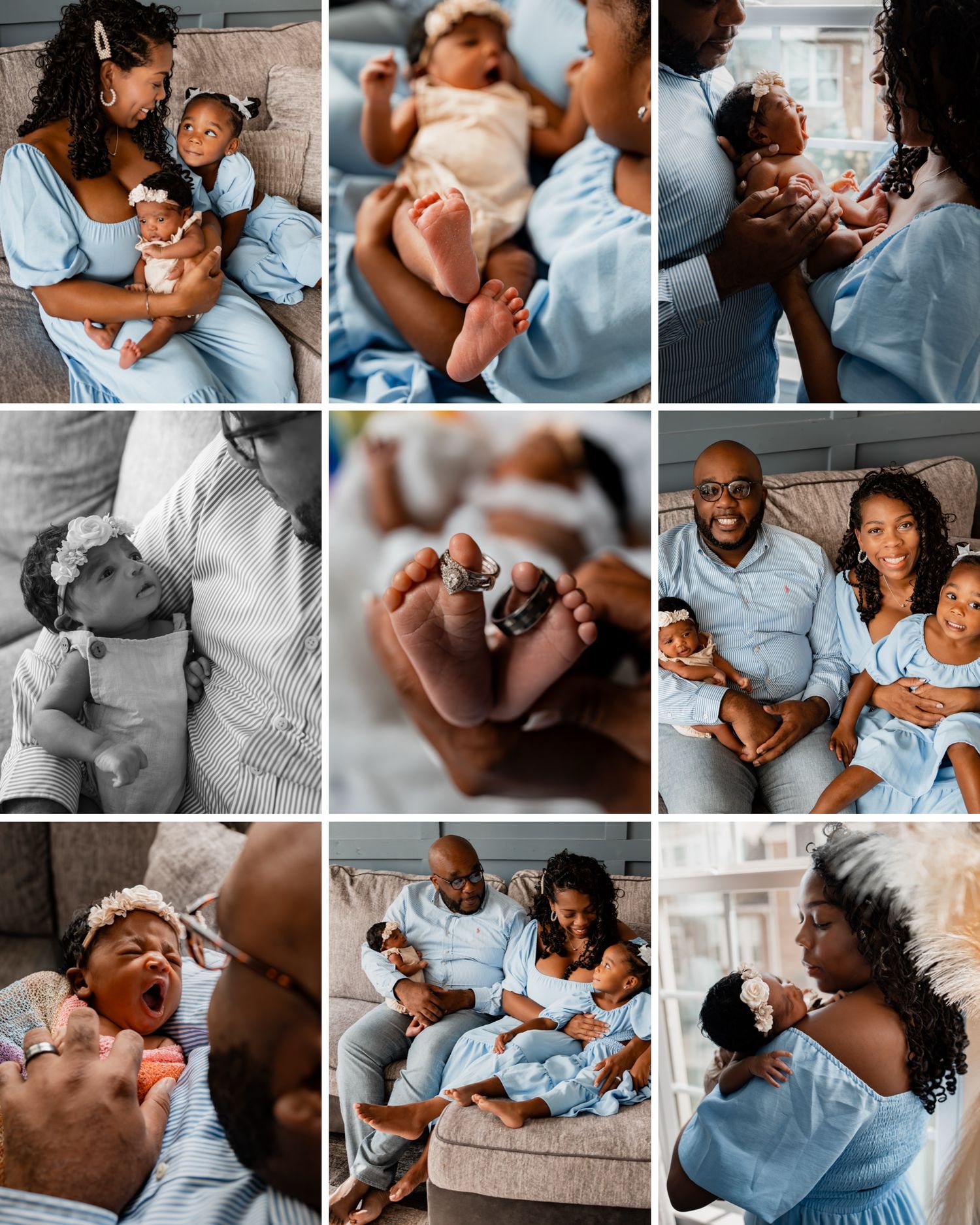 A collection of intimate lifestyle photos showing tender moments between parents and a baby in casual home settings.