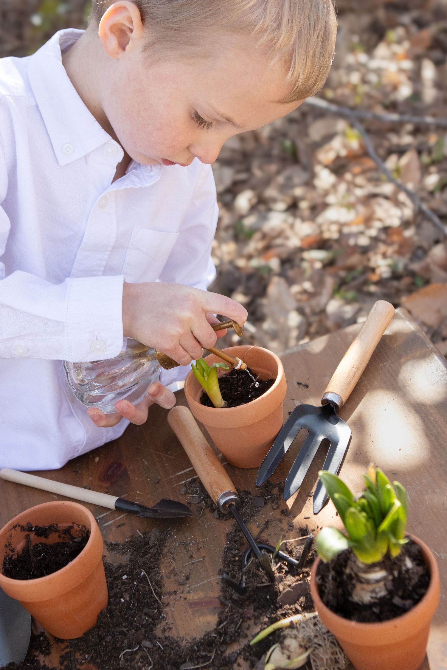 Child tending to small potted plants with garden tools on wooden surface.