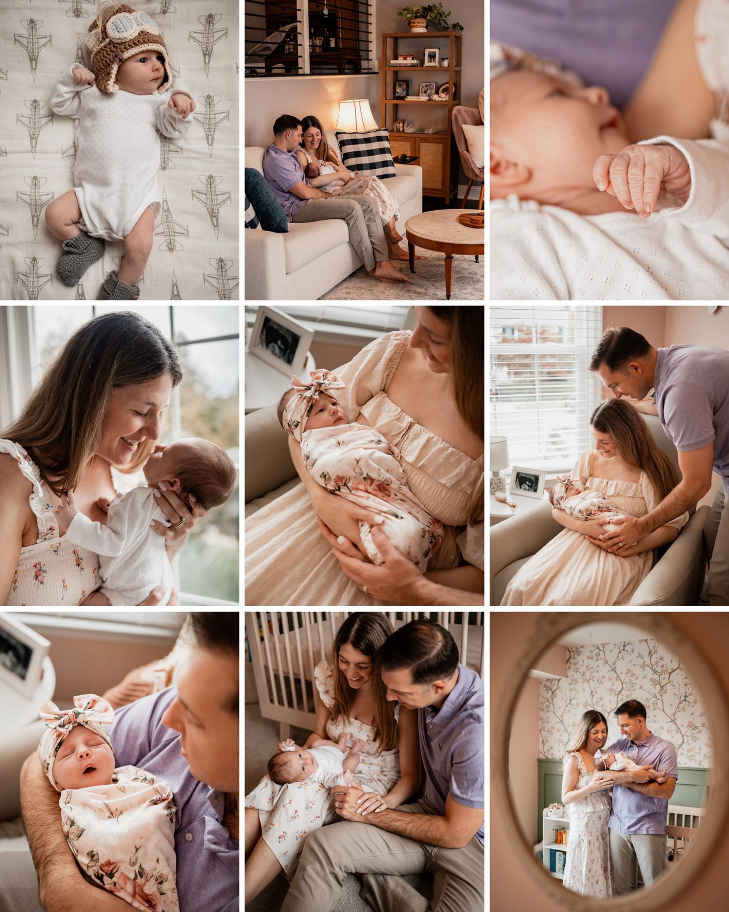 Warm-toned lifestyle newborn photography collection showing tender family moments in a cozy home setting.