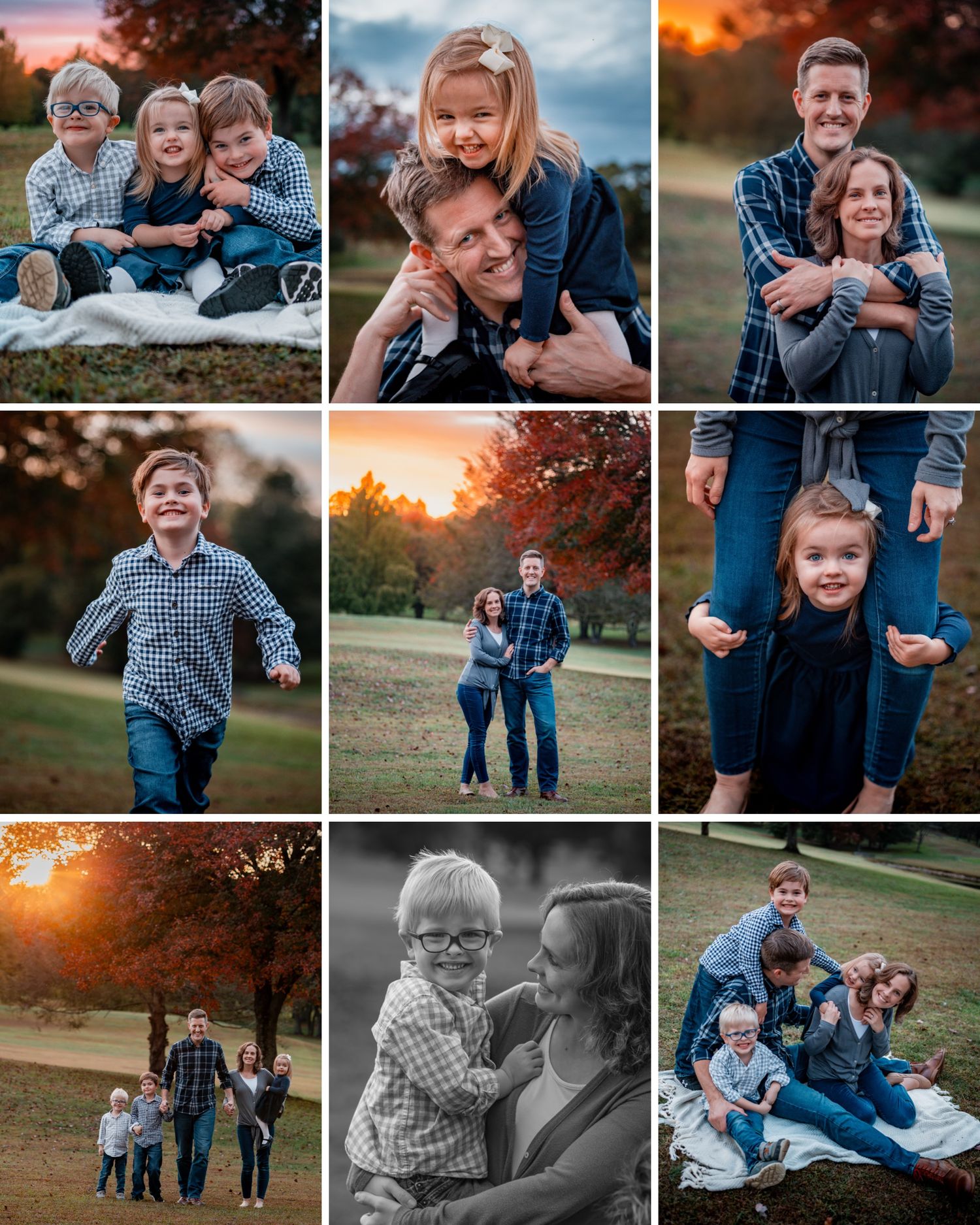 Family enjoying outdoor autumn photography session in a grassy field during golden hour sunset.