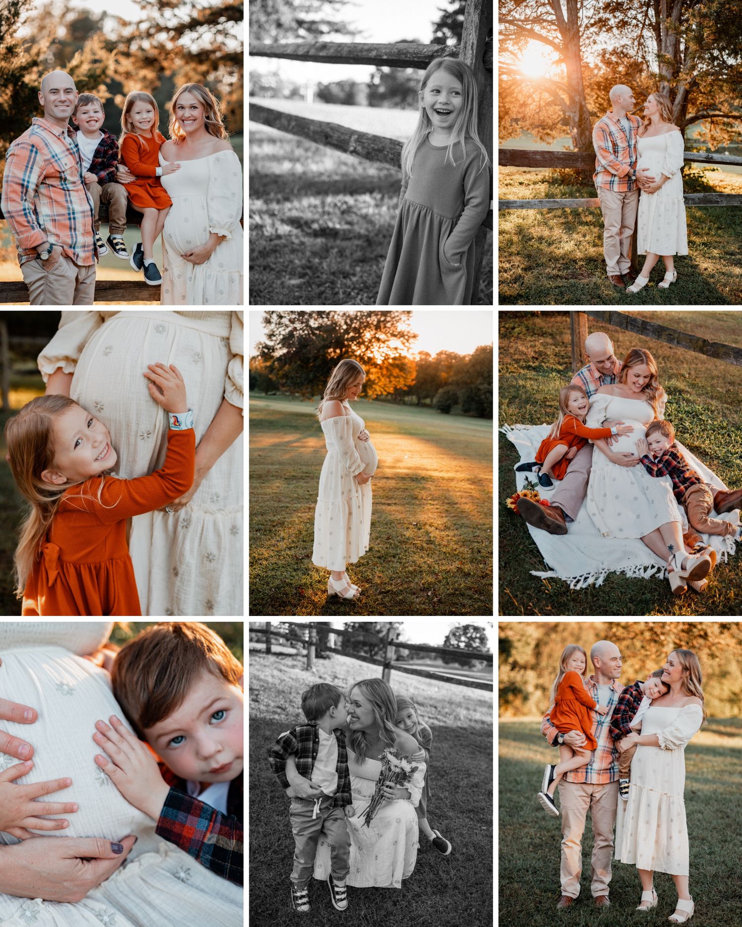 A collection of outdoor family portraits featuring coordinated outfits in white and rust orange during golden hour sunset.