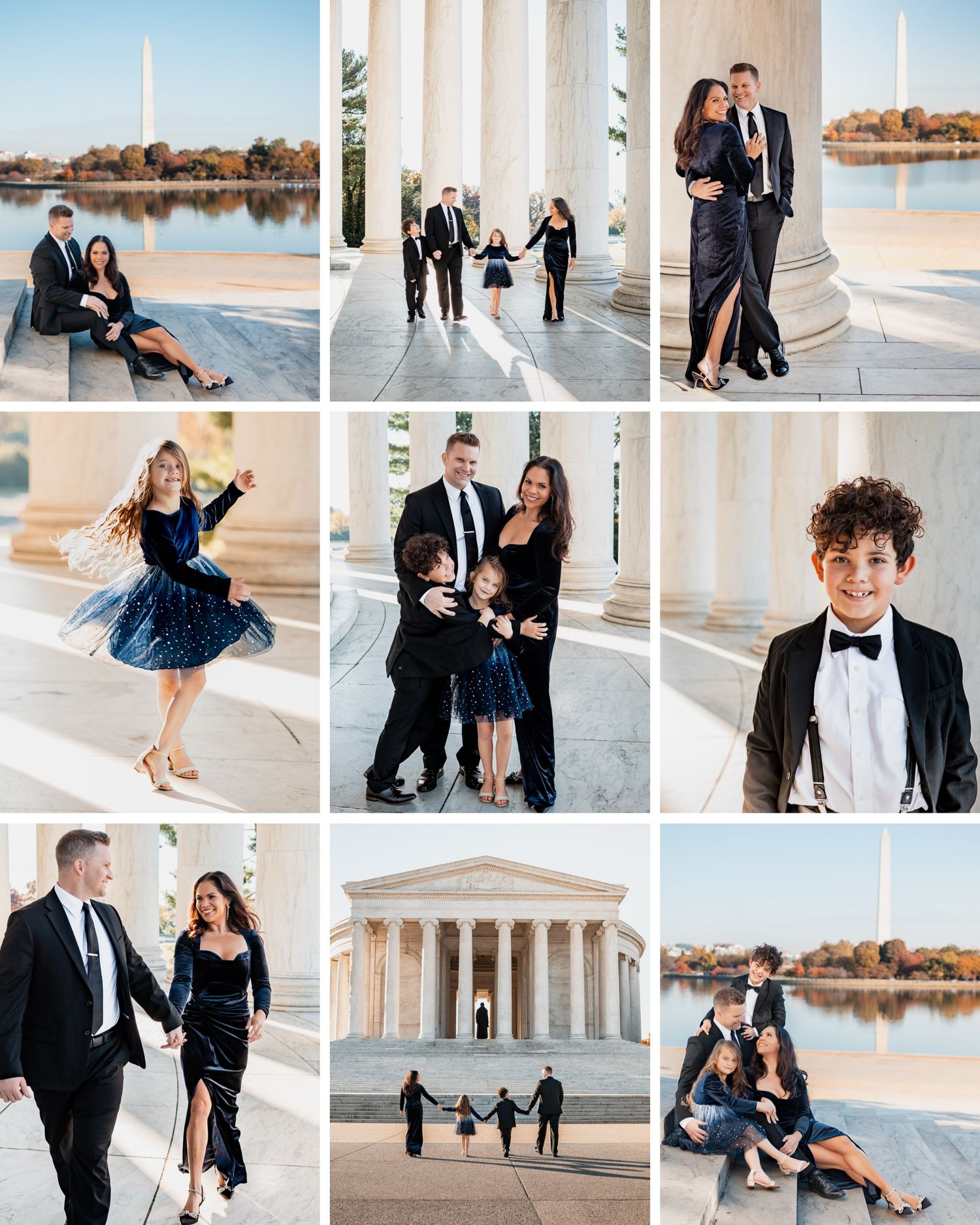 A couple in formal attire poses together at the Jefferson Memorial during a romantic photo session at sunset.