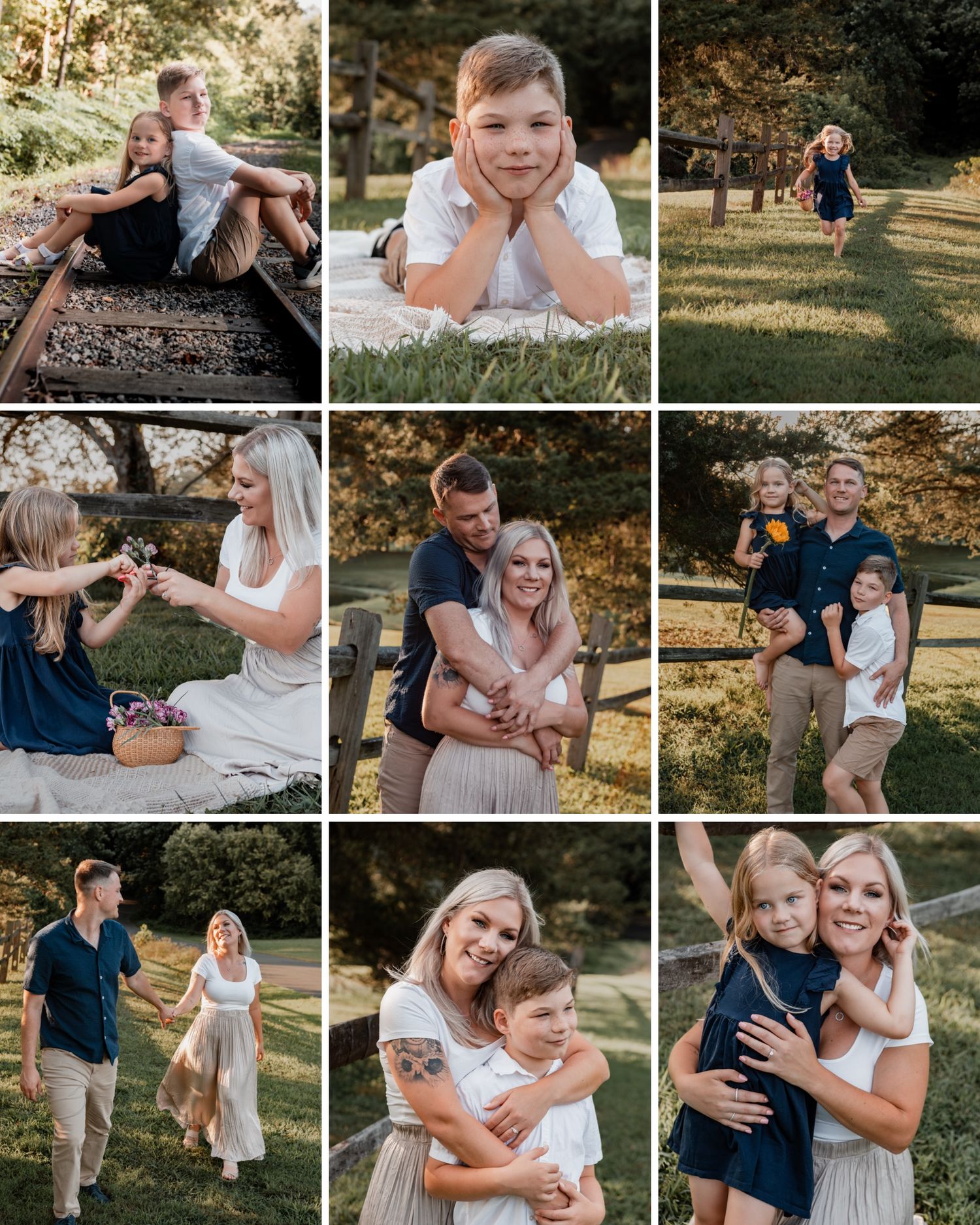 A collection of candid family photos taken outdoors during a golden hour photography session in a grassy park setting.