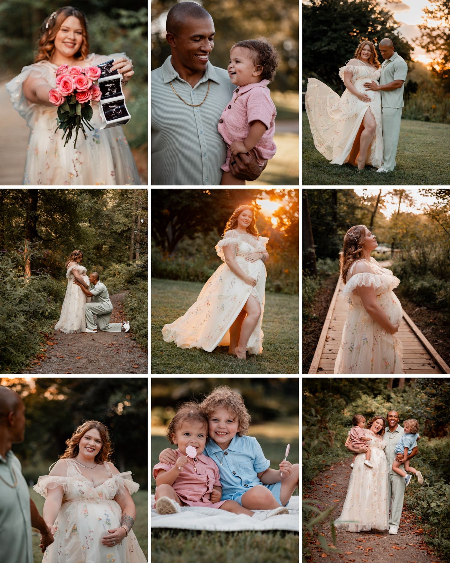 A collection of warm sunset family photo session images showing tender moments and embraces in an outdoor setting.