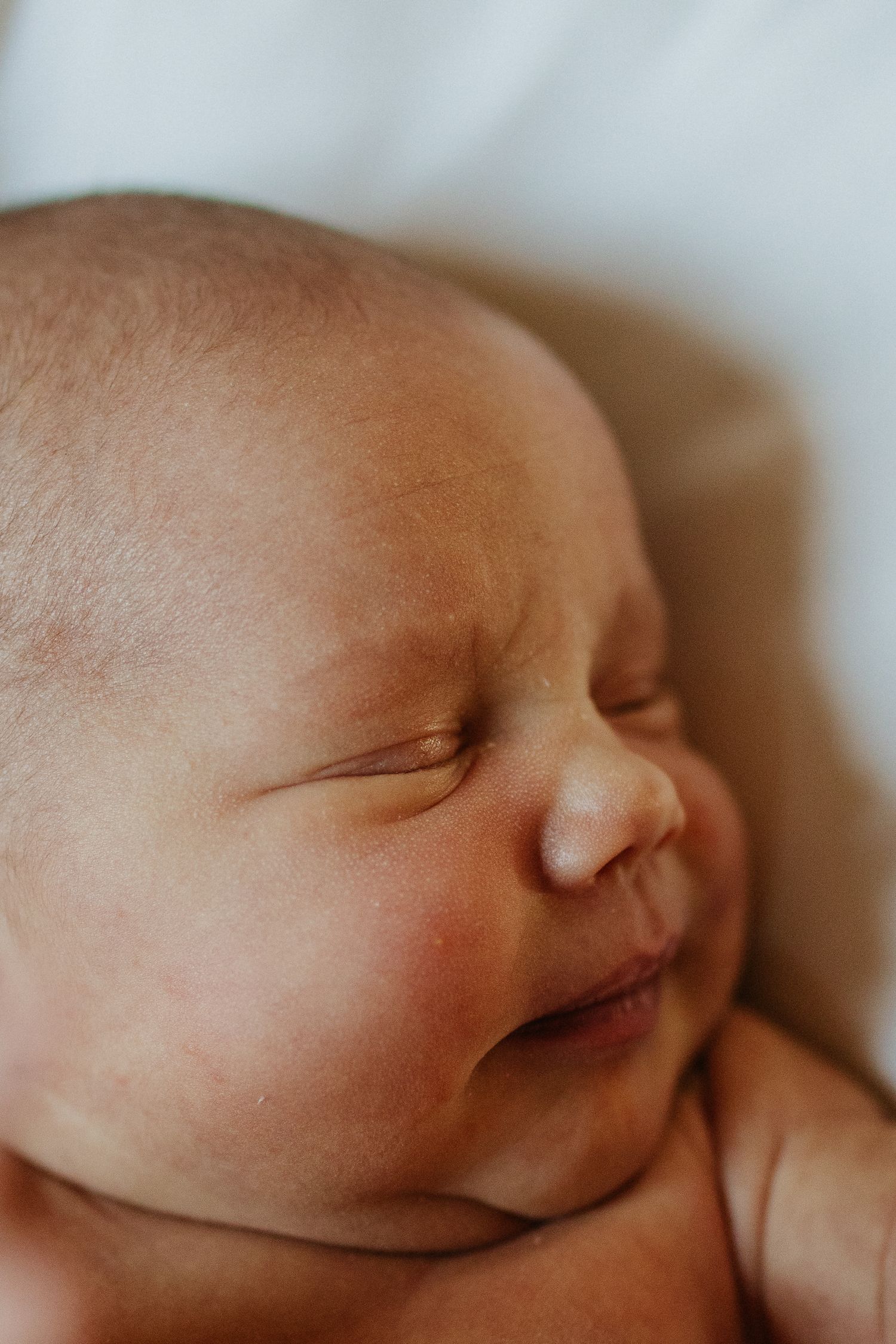 Close-up portrait of peaceful sleeping newborn baby with soft natural lighting.