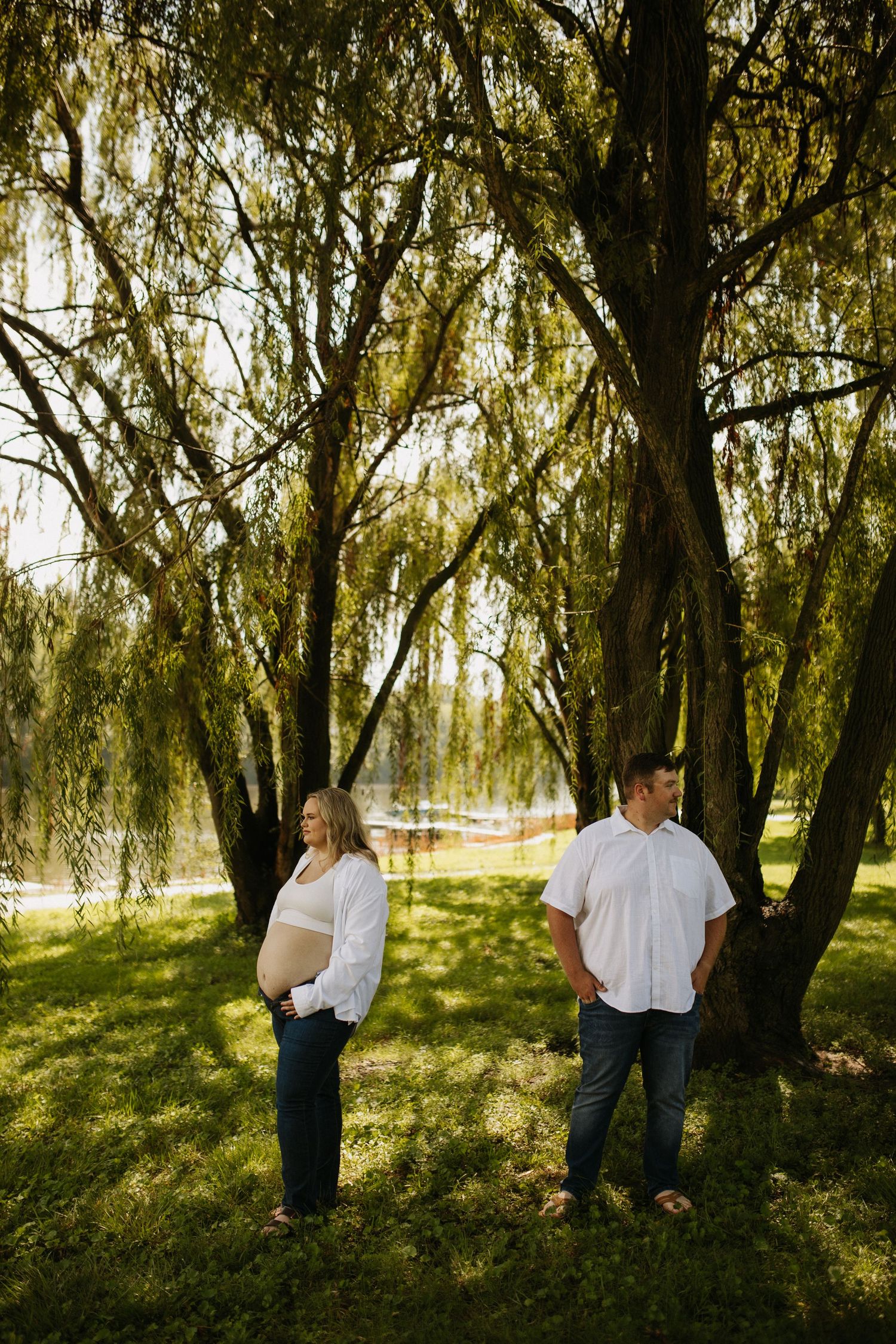 Maternity photo of couple standing apart under weeping willow trees with sunlight filtering through.