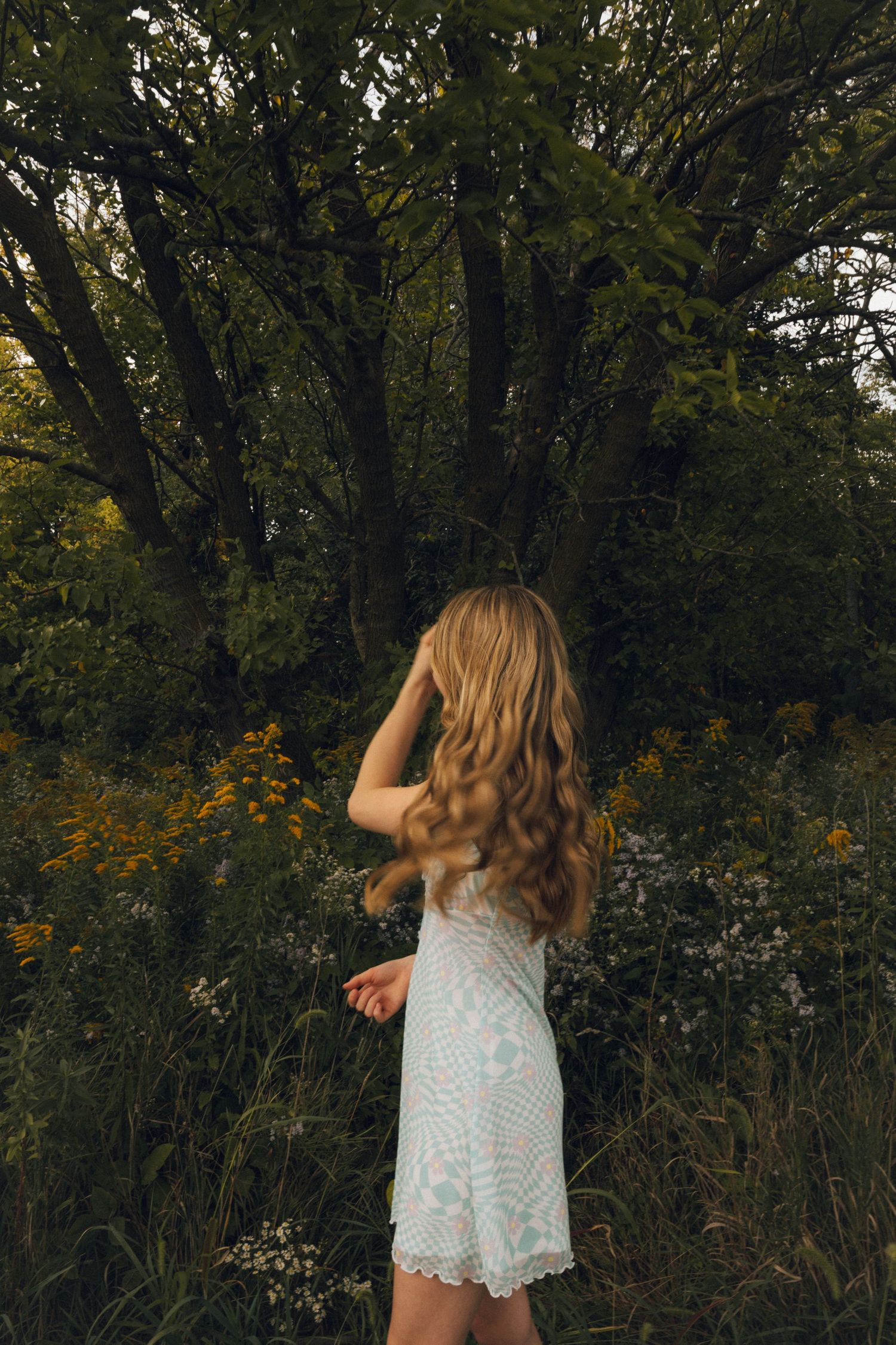 A dreamy outdoor portrait of a woman in a white dress among wildflowers and trees.