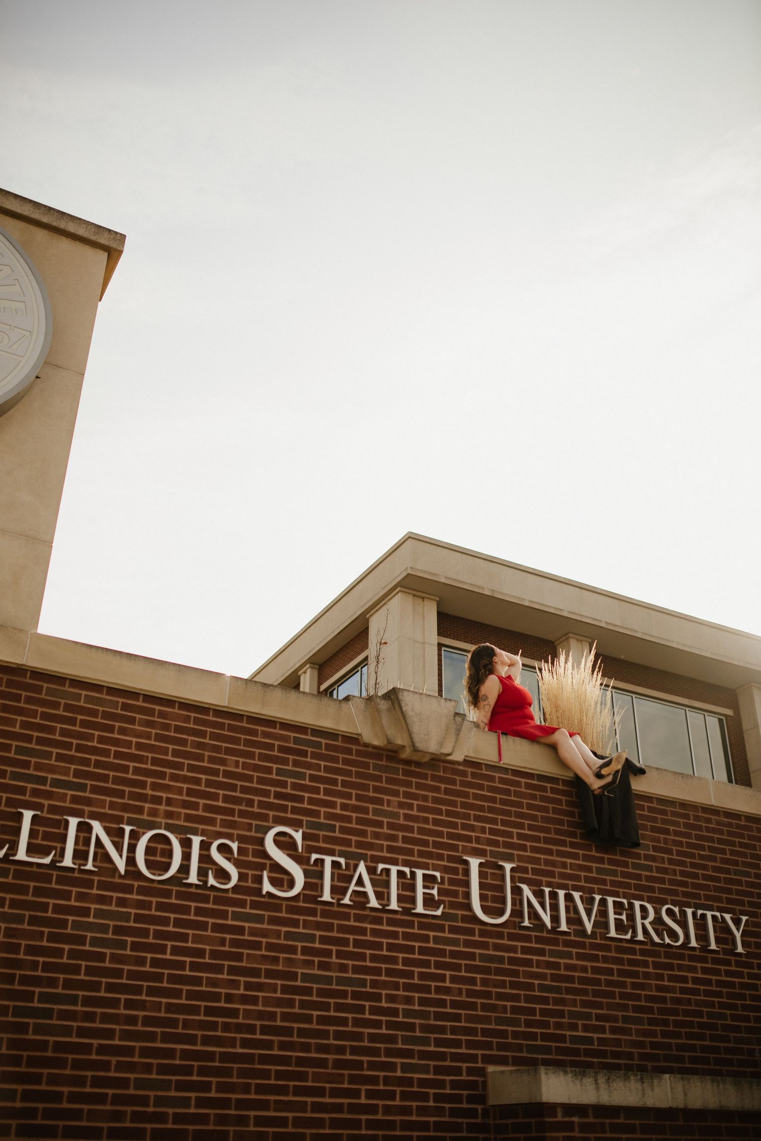Illinois State University building signage shown from an artistic low angle perspective.