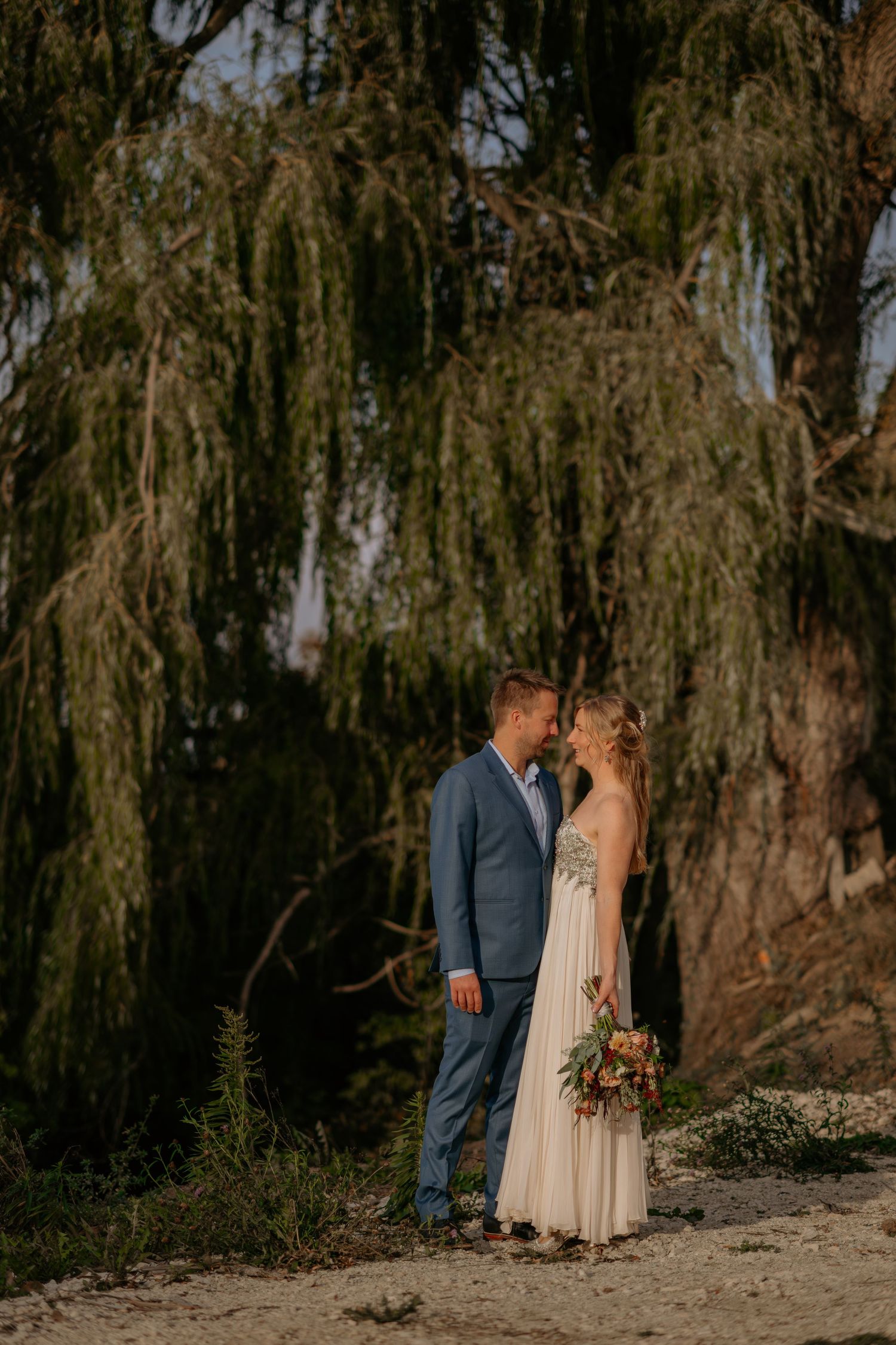 Romantic coastal wedding scene with willow trees framing a couple on rocky shoreline at sunset.