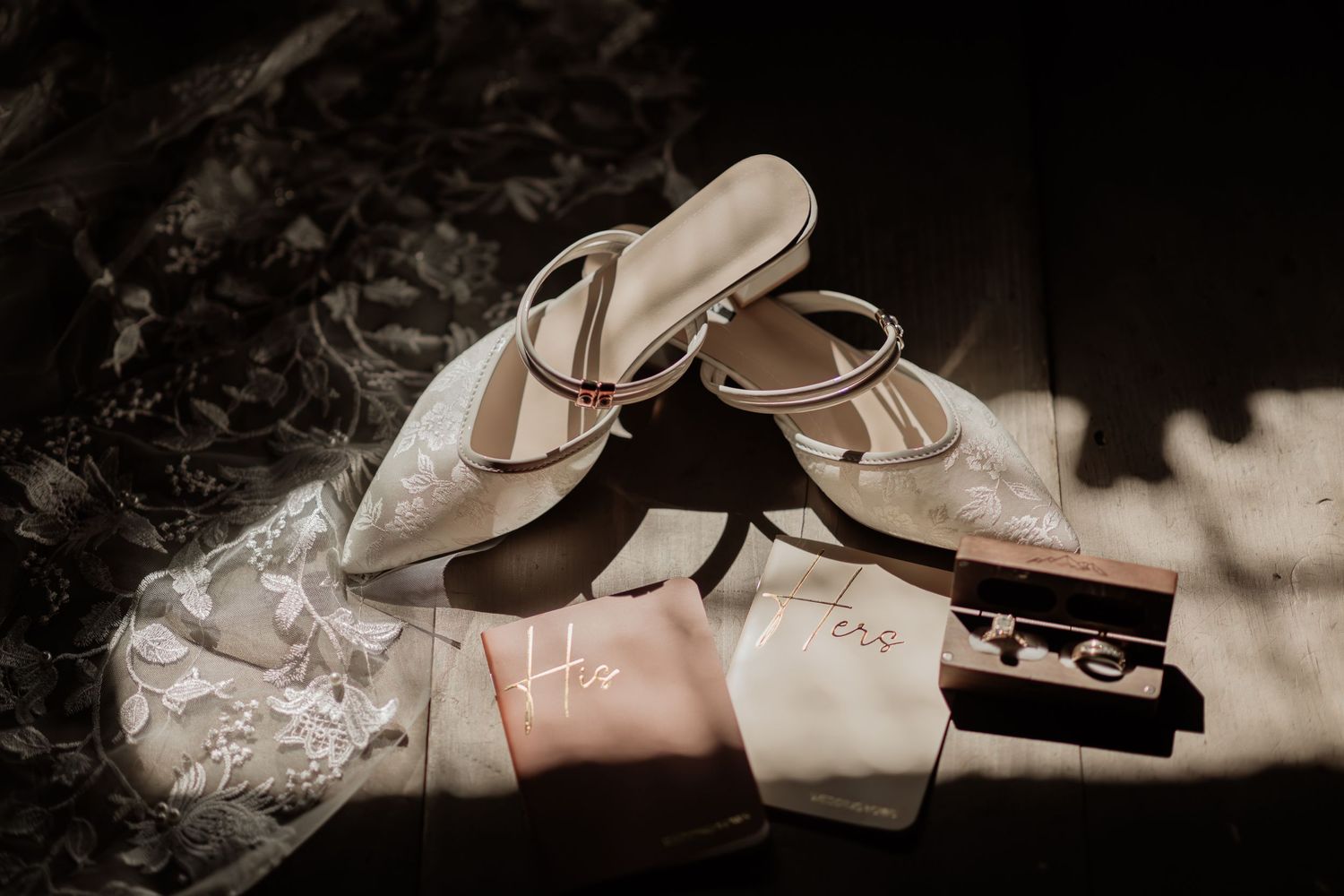 Elegant bridal shoes arranged with lace details in natural light.