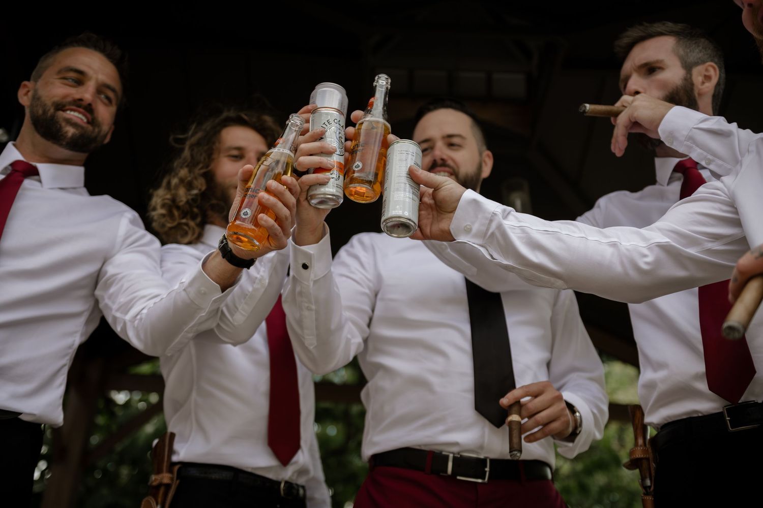 Wedding party members raise drinks in celebration during outdoor reception festivities.