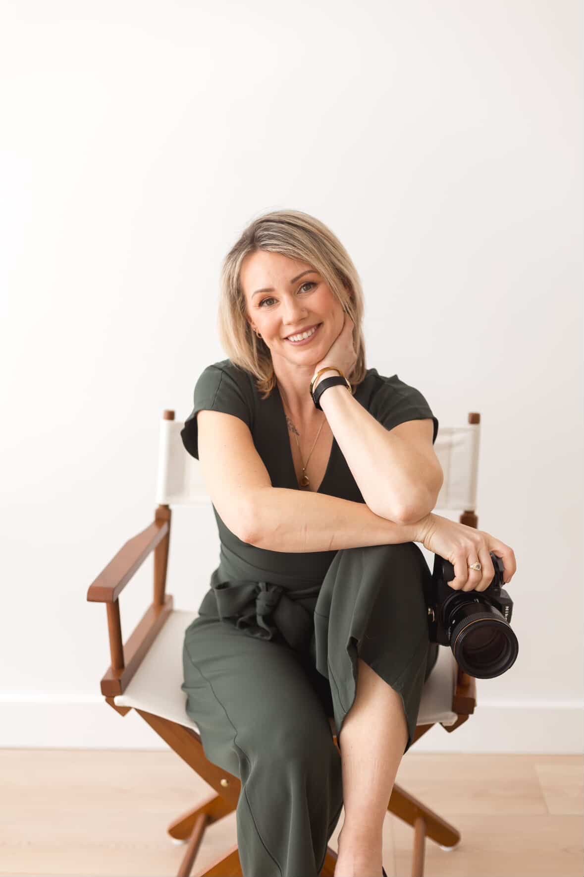 A series of candid lifestyle photos showing someone seated in a wooden chair against a white background.