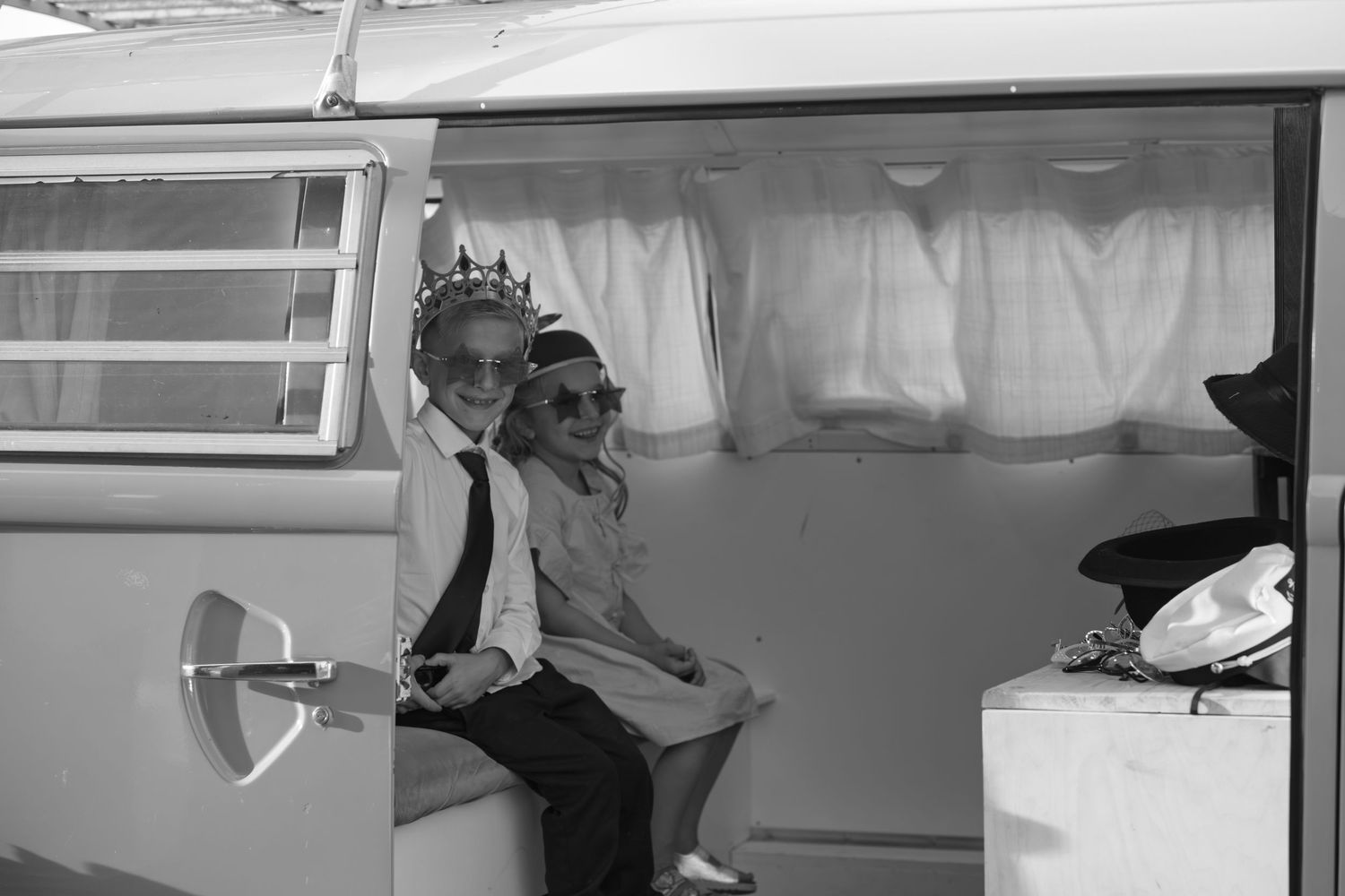 Interior view of a classic VW van decorated for a wedding.