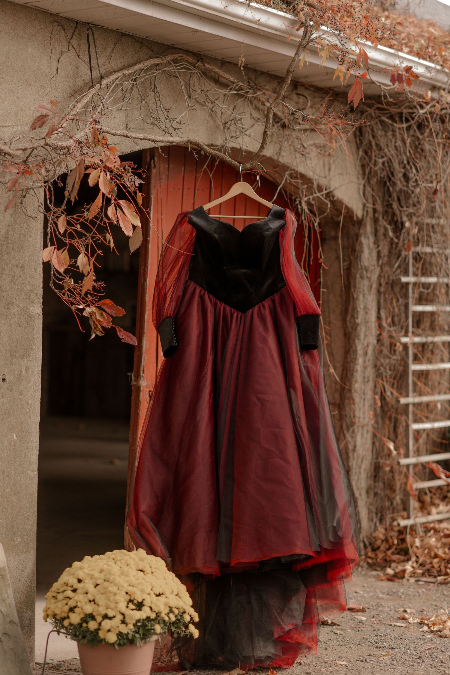 A burgundy and black vintage-style dress hangs outside against autumn foliage and chrysanthemums.
