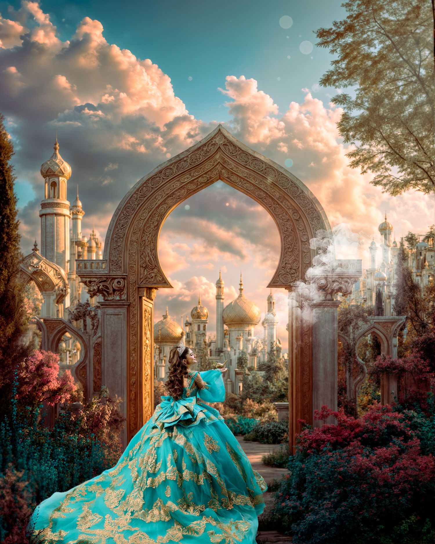 Young girl in turquoise quinceañera gown with gold embroidery, crown. Princess Jasmine inspired Photo Session