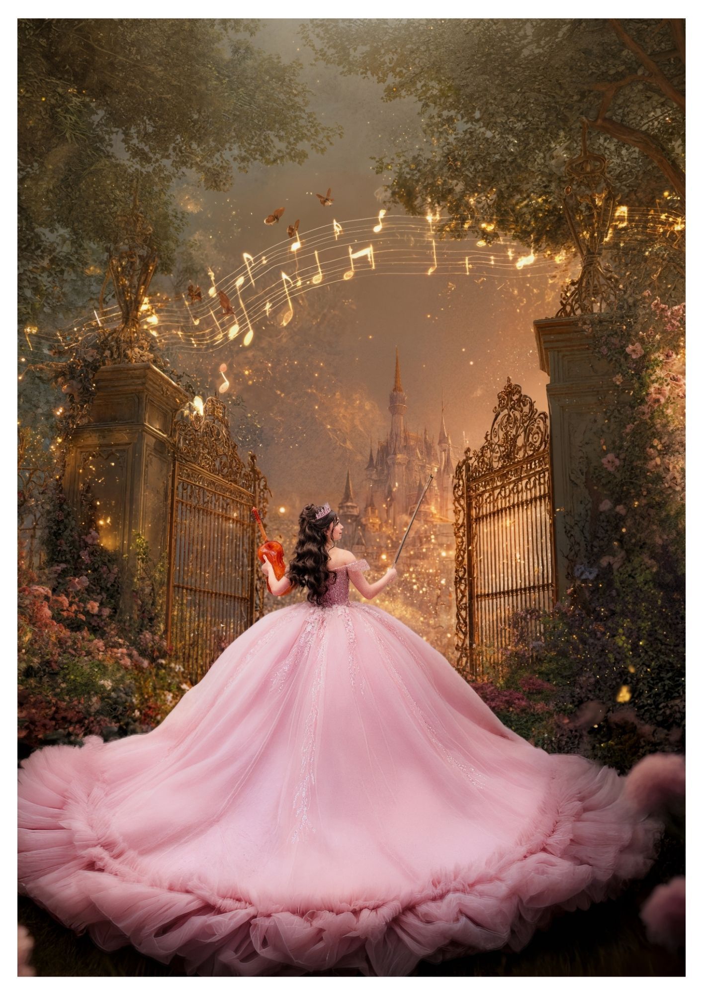A woman in a pink ballgown stands before golden gates with musical notes and a fairy tale castle in an enchanted garden.
