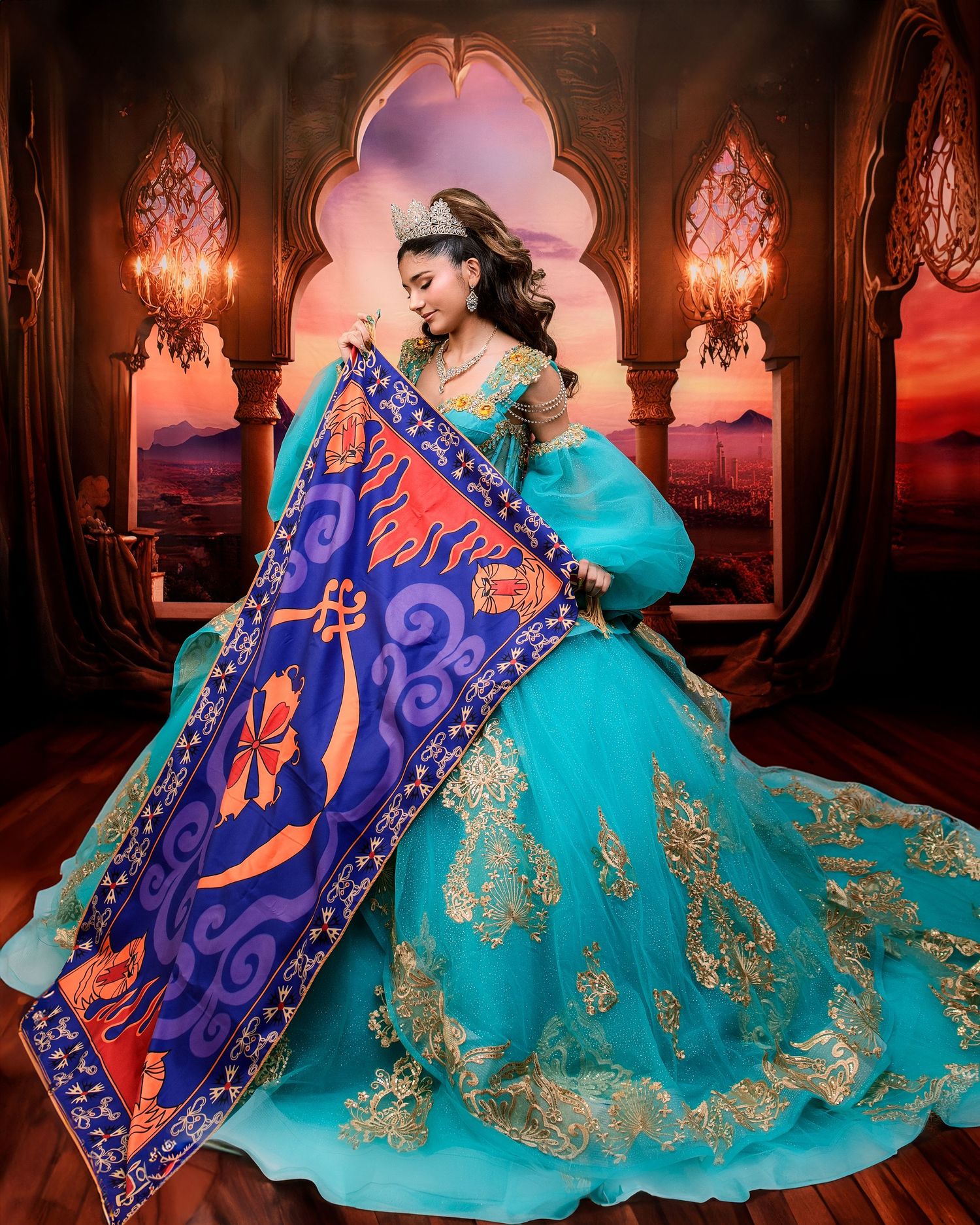 Young girl in turquoise quinceañera gown with gold embroidery, crown. Princess Jasmine inspired Photo Session
