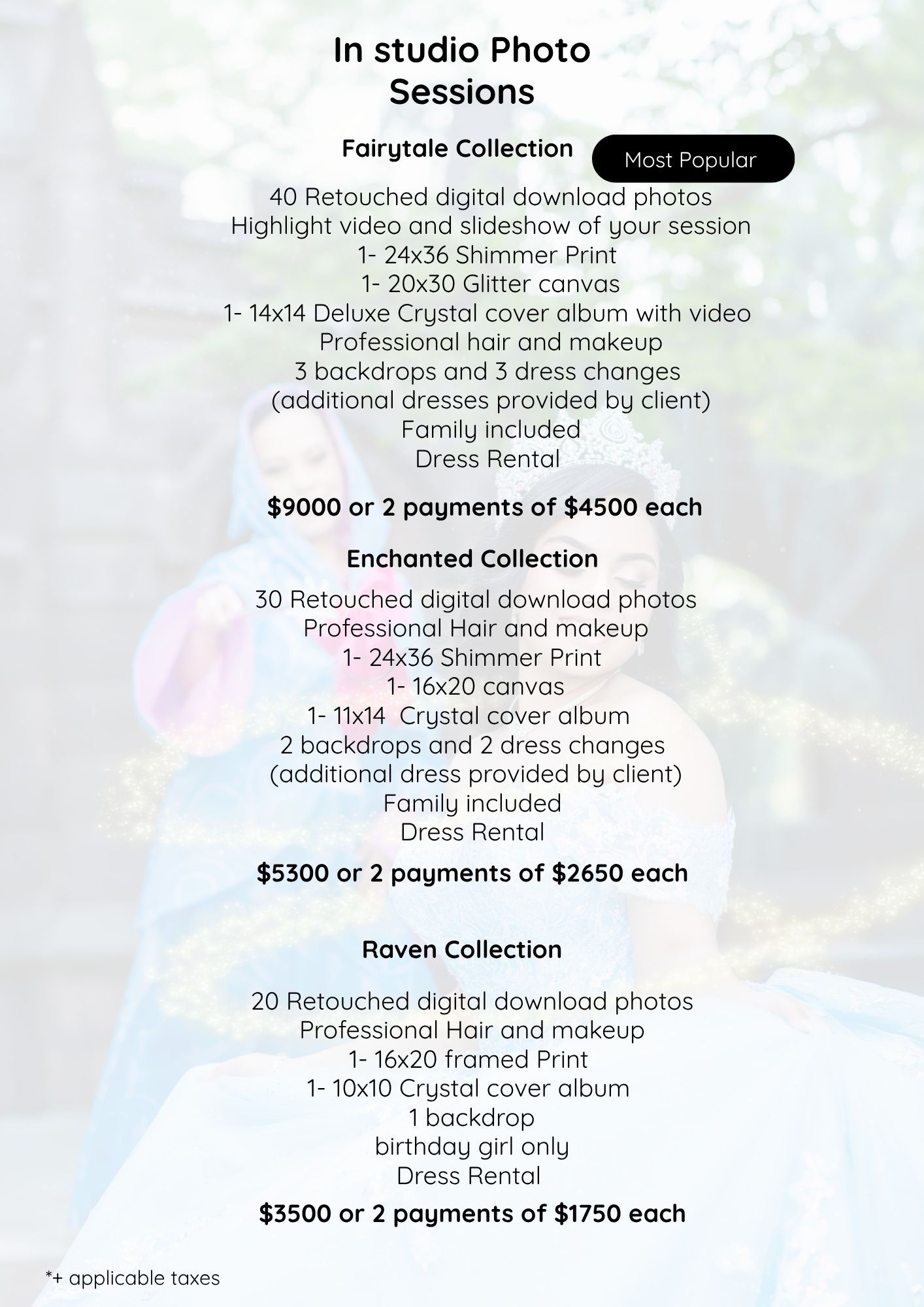 Studio photo session pricing guide showing Fairytale, Enchanted, and Raven collections with packages starting at $3500.