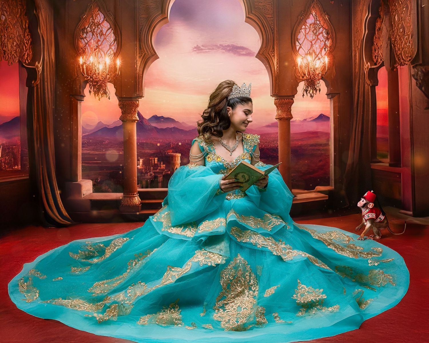 Young girl in turquoise quinceañera gown with gold embroidery, crown. Princess Jasmine inspired Photo Session