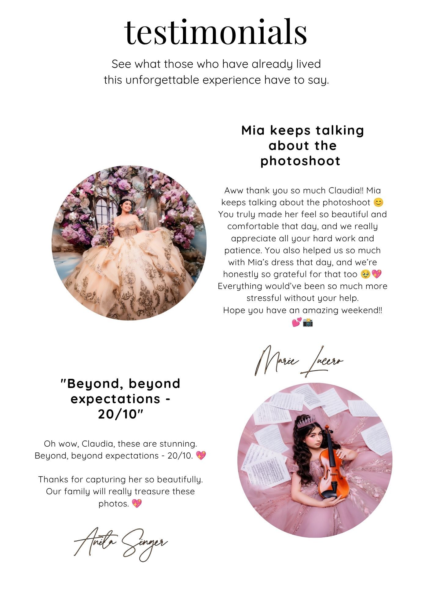 A testimonials page featuring two glam quinceañera photos with handwritten client reviews praising photographer Claudia's work.