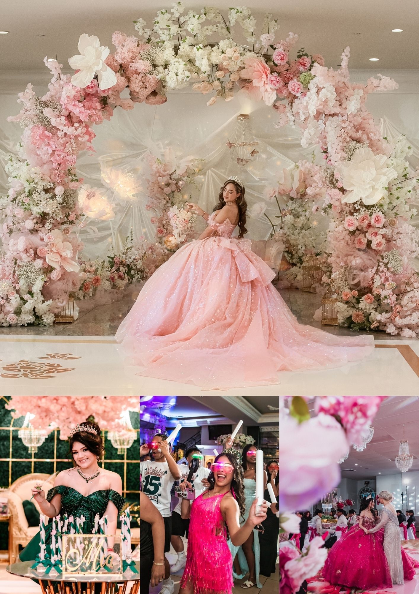 Young woman in pink ballgown poses under floral arch at quinceañera celebration with pink and white flowers.