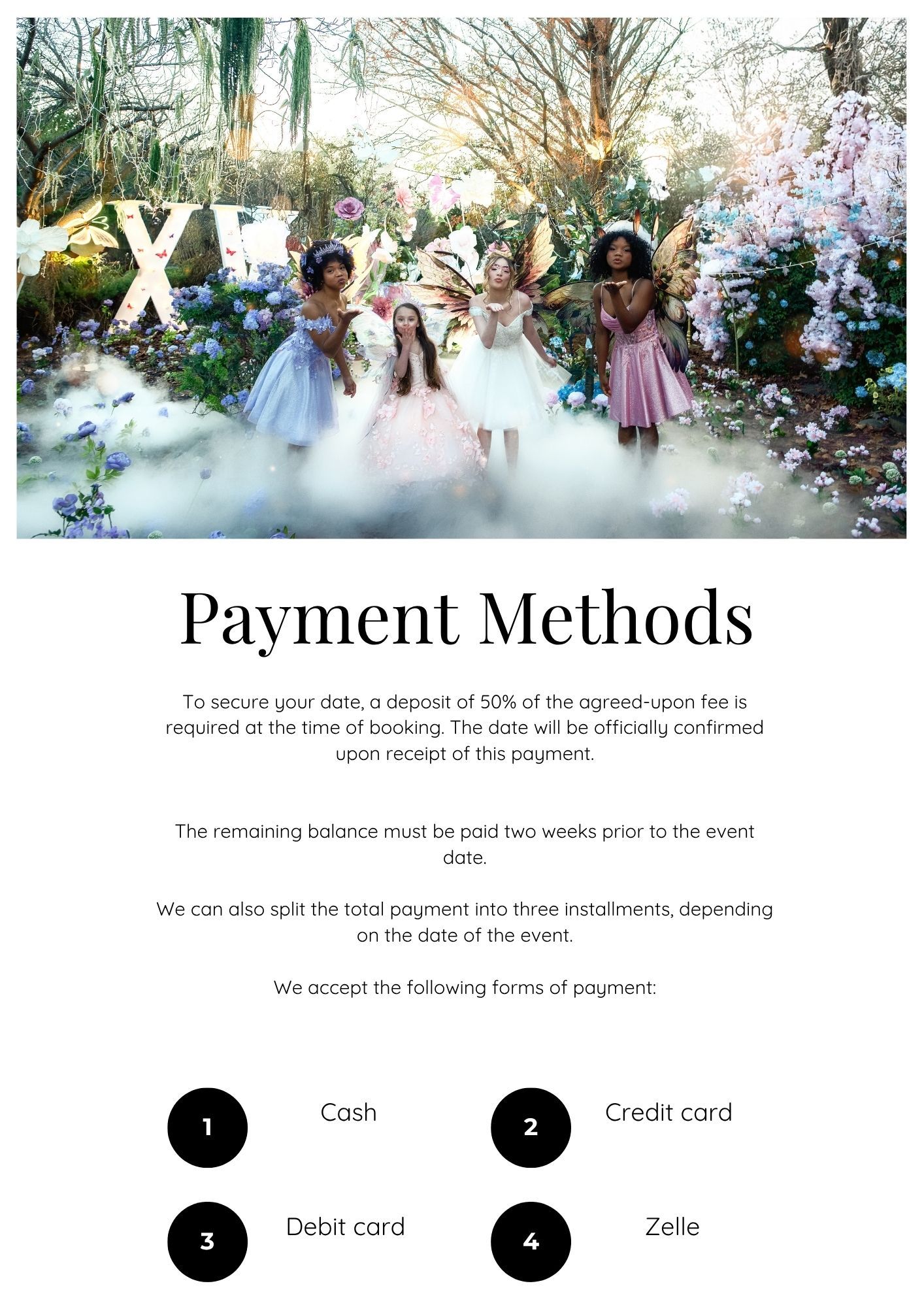 A fairy-tale themed event payment methods flyer showing four girls in colorful dresses with fairy wings in an enchanted forest setting.