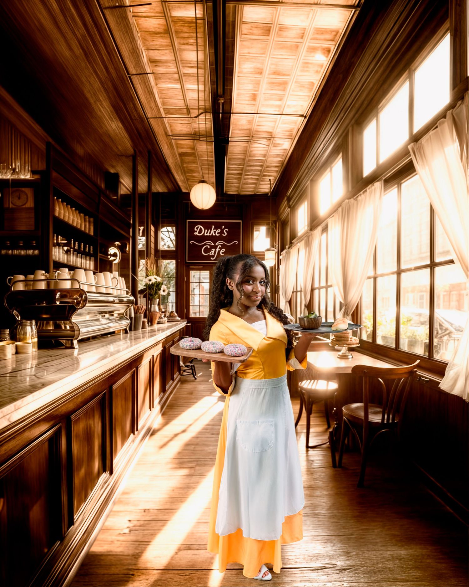 Young woman in yellow and white dress holds tray inside warmly lit vintage Duke's Cafe interior. Princess Tiana inspired