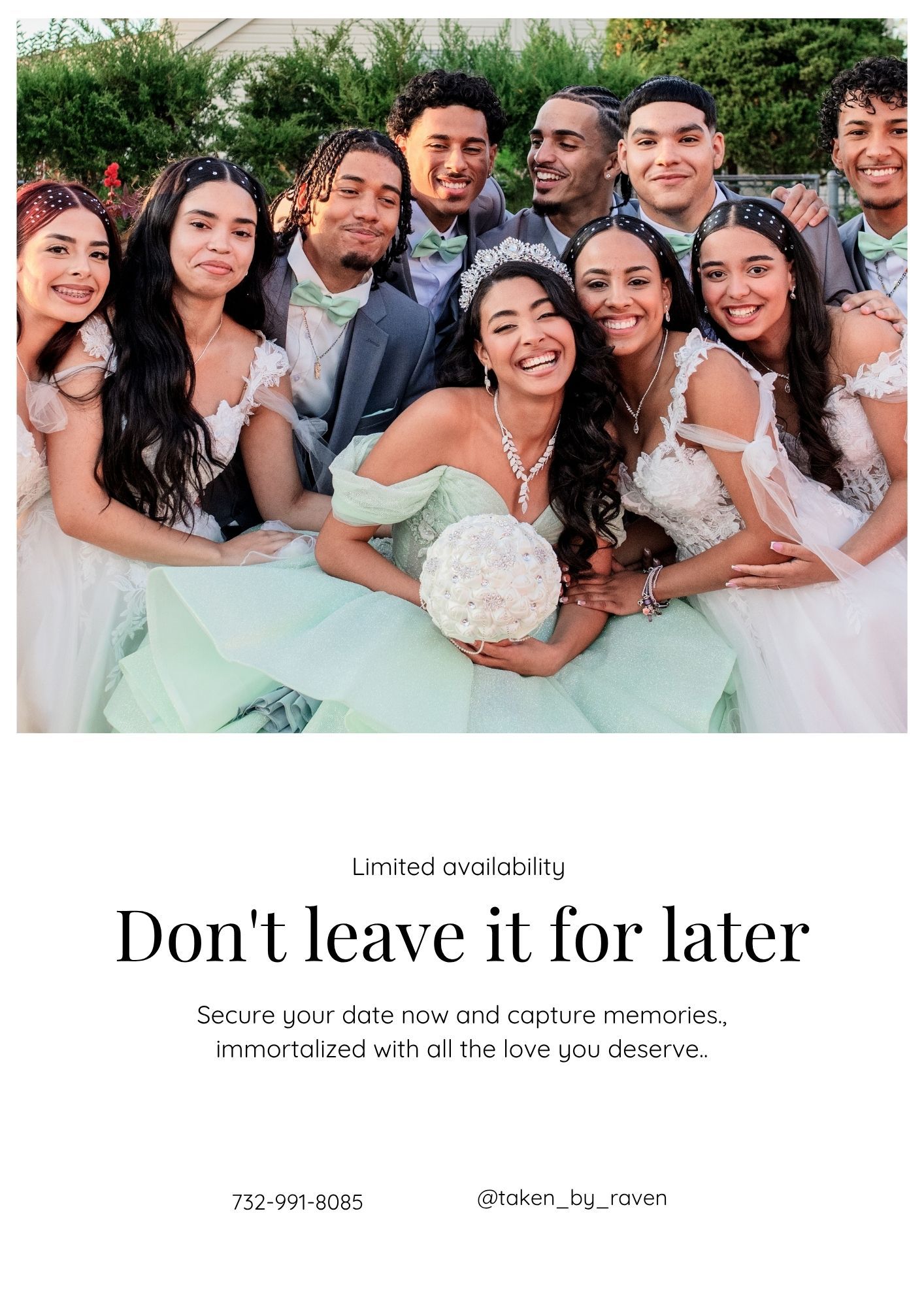 A joyful wedding party poses together outdoors, featuring a bride in mint green holding a white bouquet surrounded by smiling guests.
