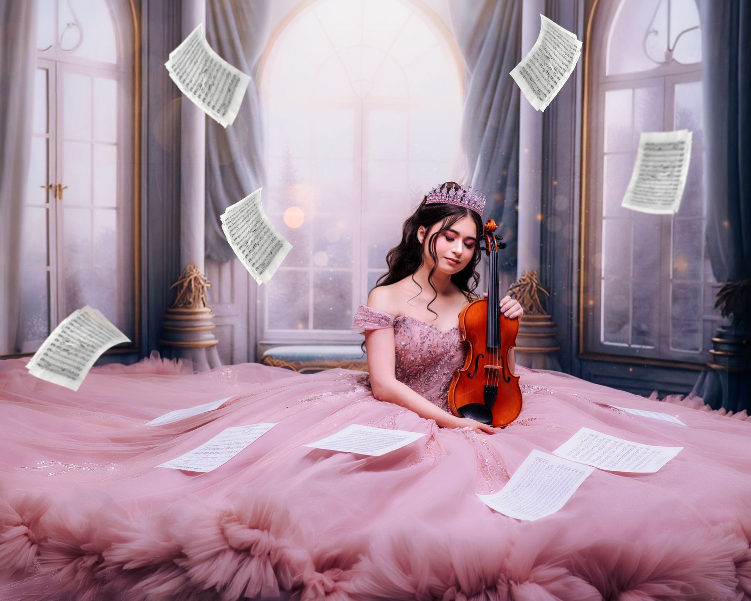 A girl in a pink ball gown and tiara holds a violin surrounded by floating sheet music in a dreamy pastel room.