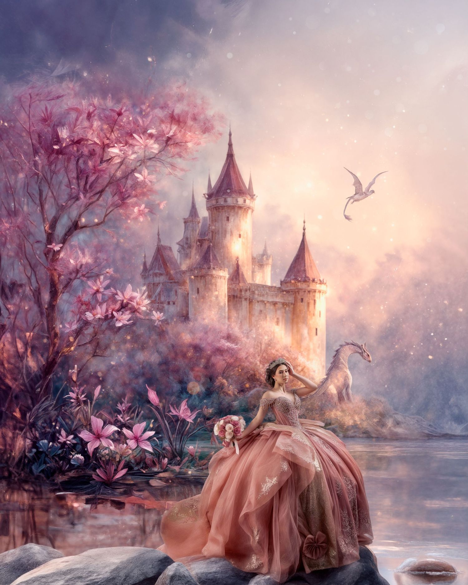 A princess in a pink gown sits by a magical castle with blooming flowers, a dragon, and misty skies in a fantasy scene.