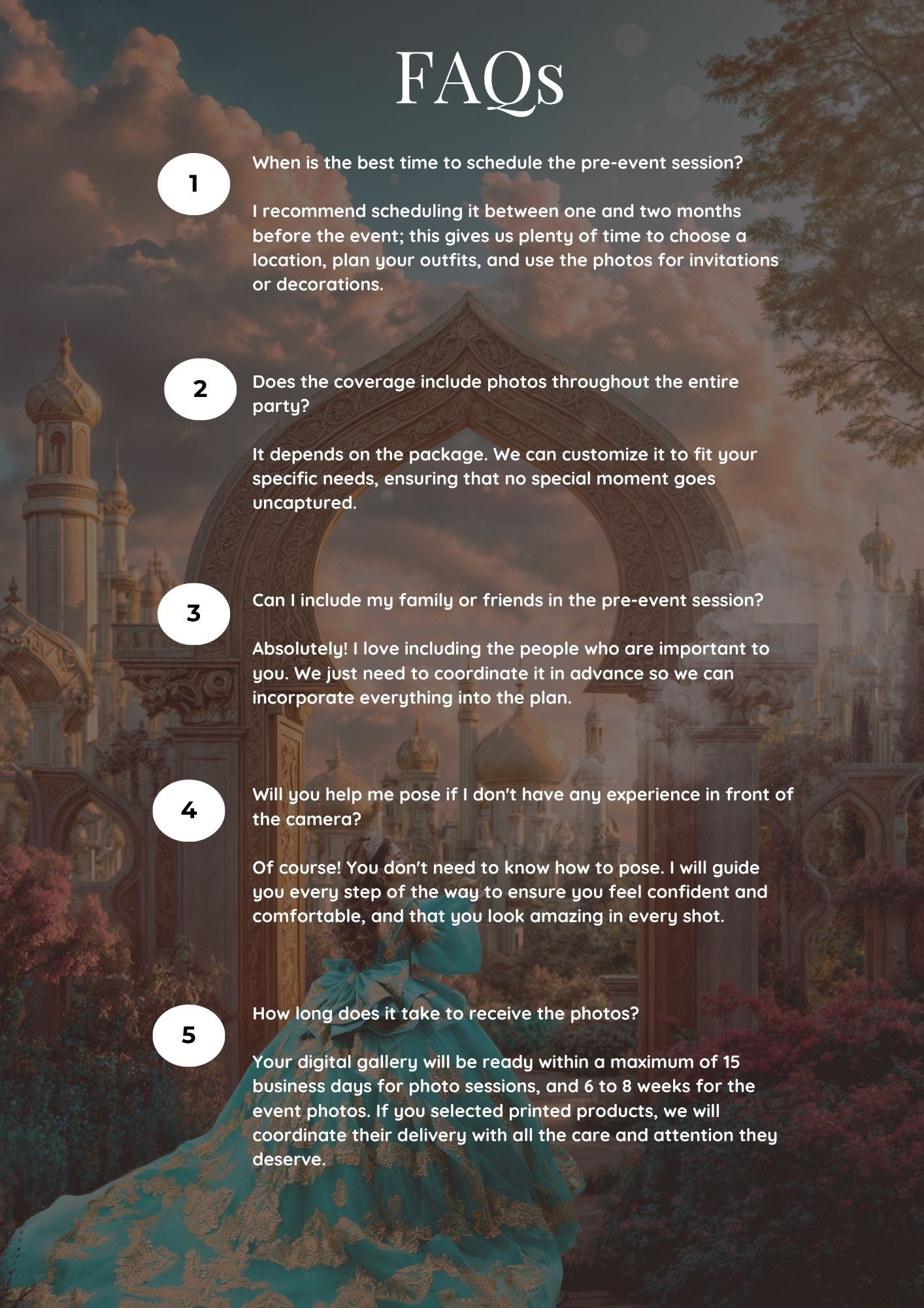 FAQ page for event photography services with golden text on a decorative background answering common client questions.