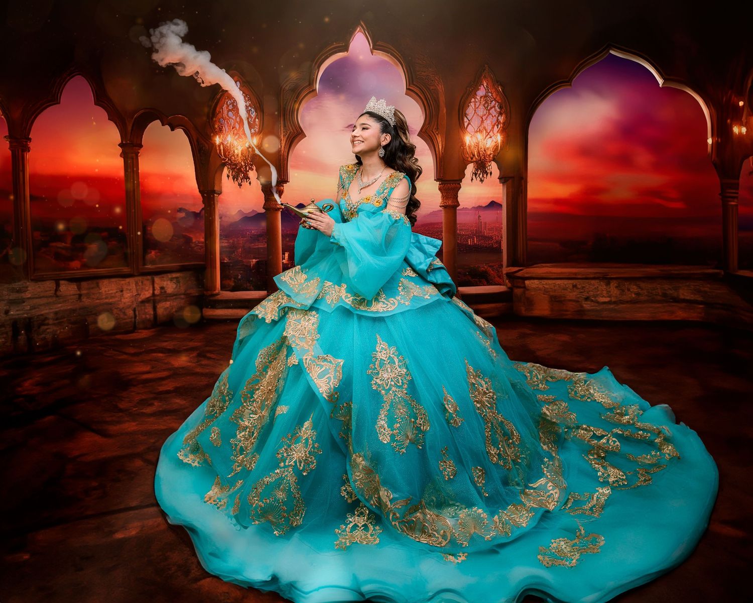 Young girl in turquoise quinceañera gown with gold embroidery, crown. Princess Jasmine inspired Photo Session
