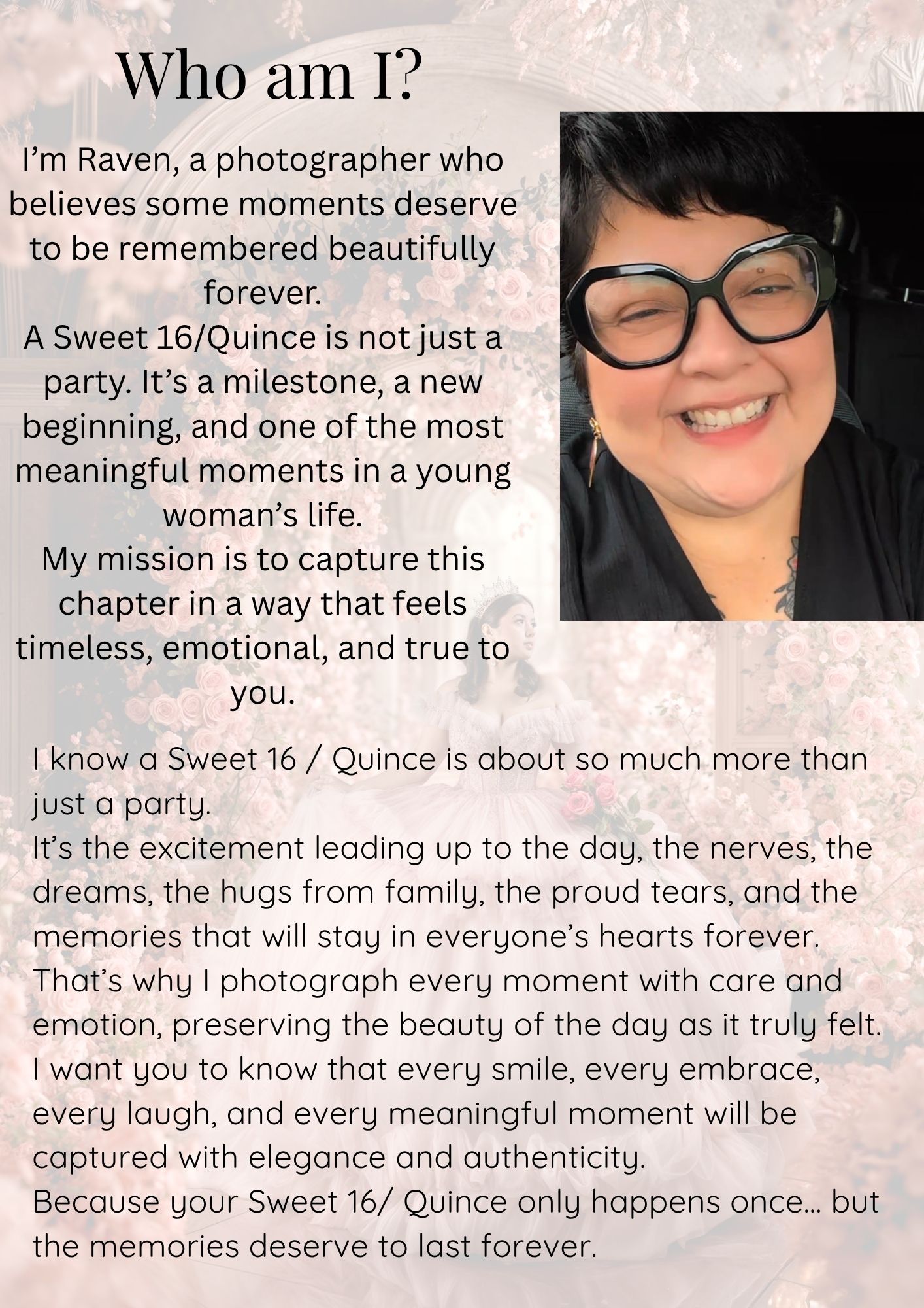 Raven, a Sweet 16 photographer, smiles warmly in a professional bio photo wearing black glasses.