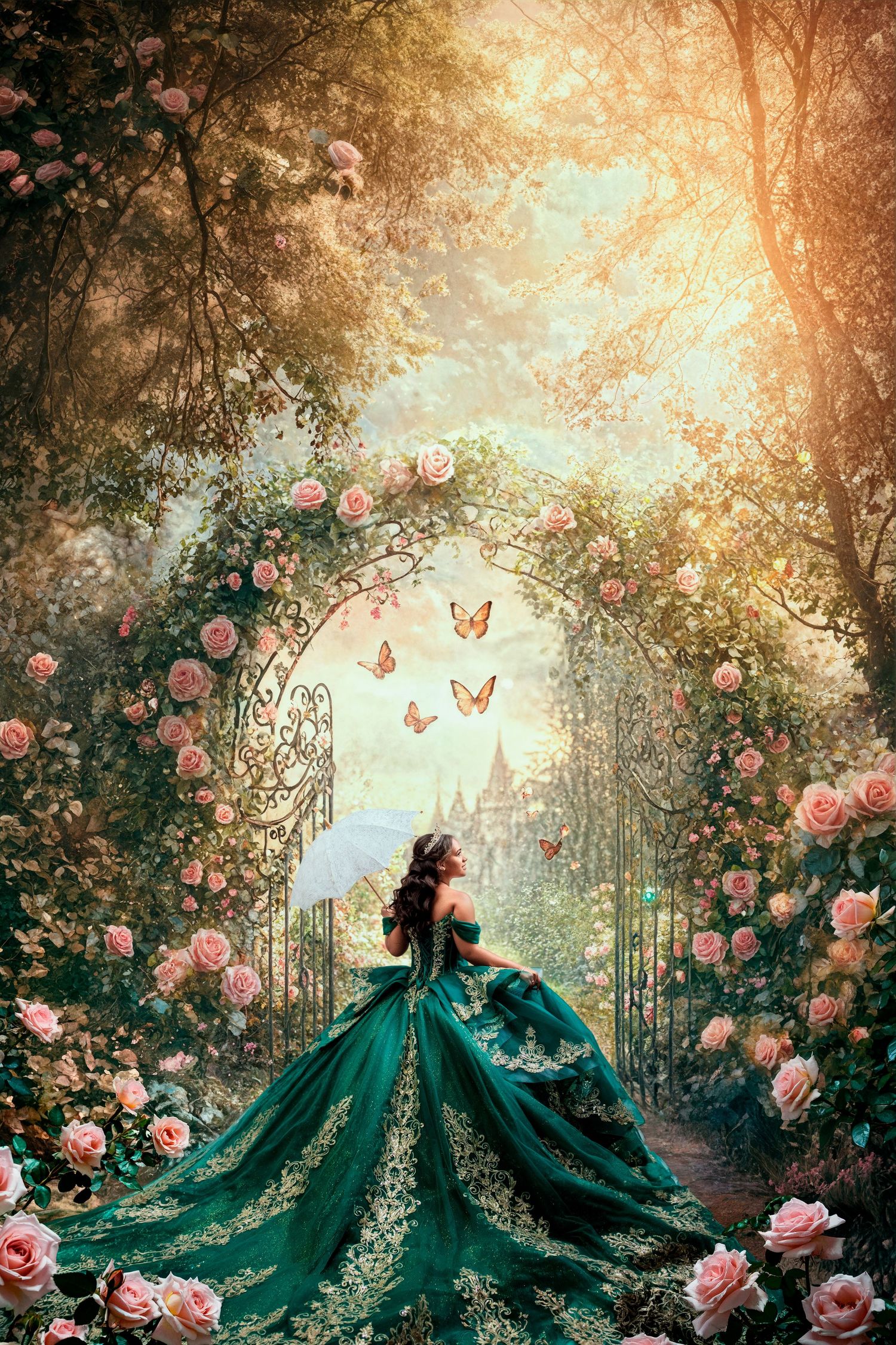 A woman in an emerald green gown stands before a rose-covered arch with butterflies in an enchanted fantasy garden.