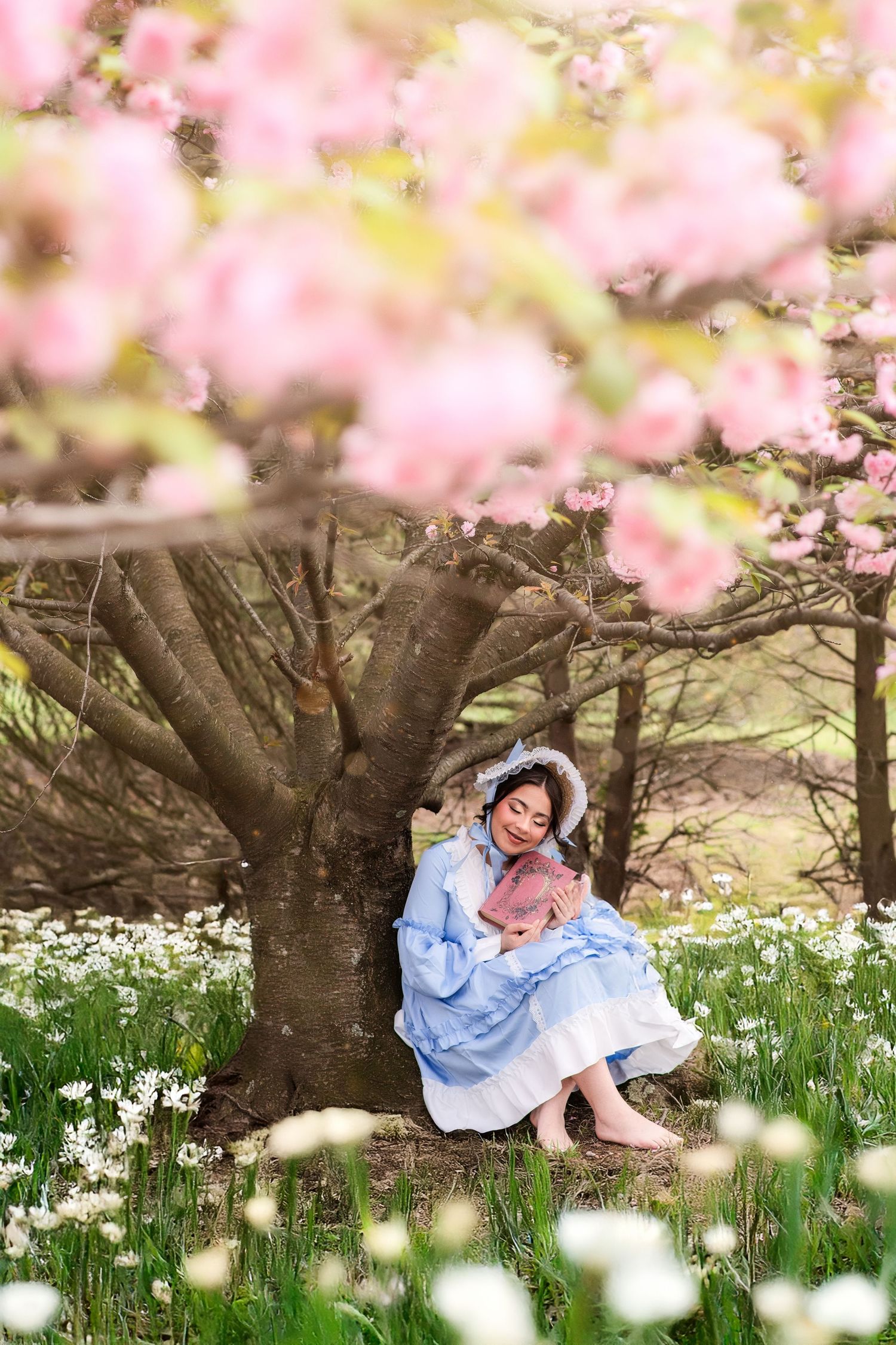 Woman in blue Victorian dress sitting under blooming pink cherry blossom tree surrounded by white spring flowers.