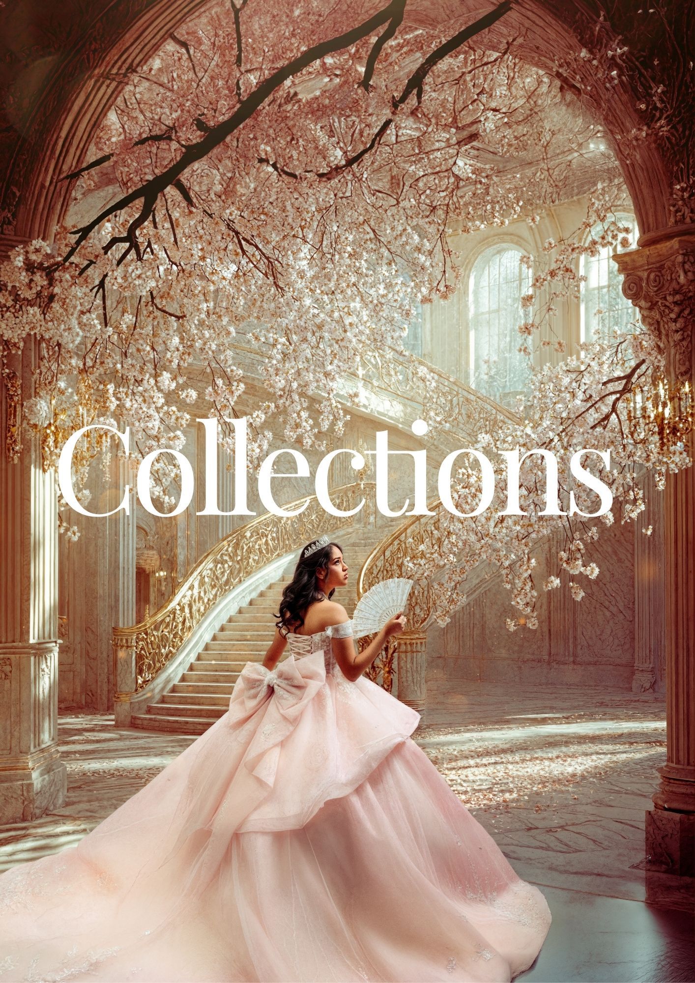 Woman in pink ball gown reads a book under blooming cherry blossoms in an elegant grand hall.