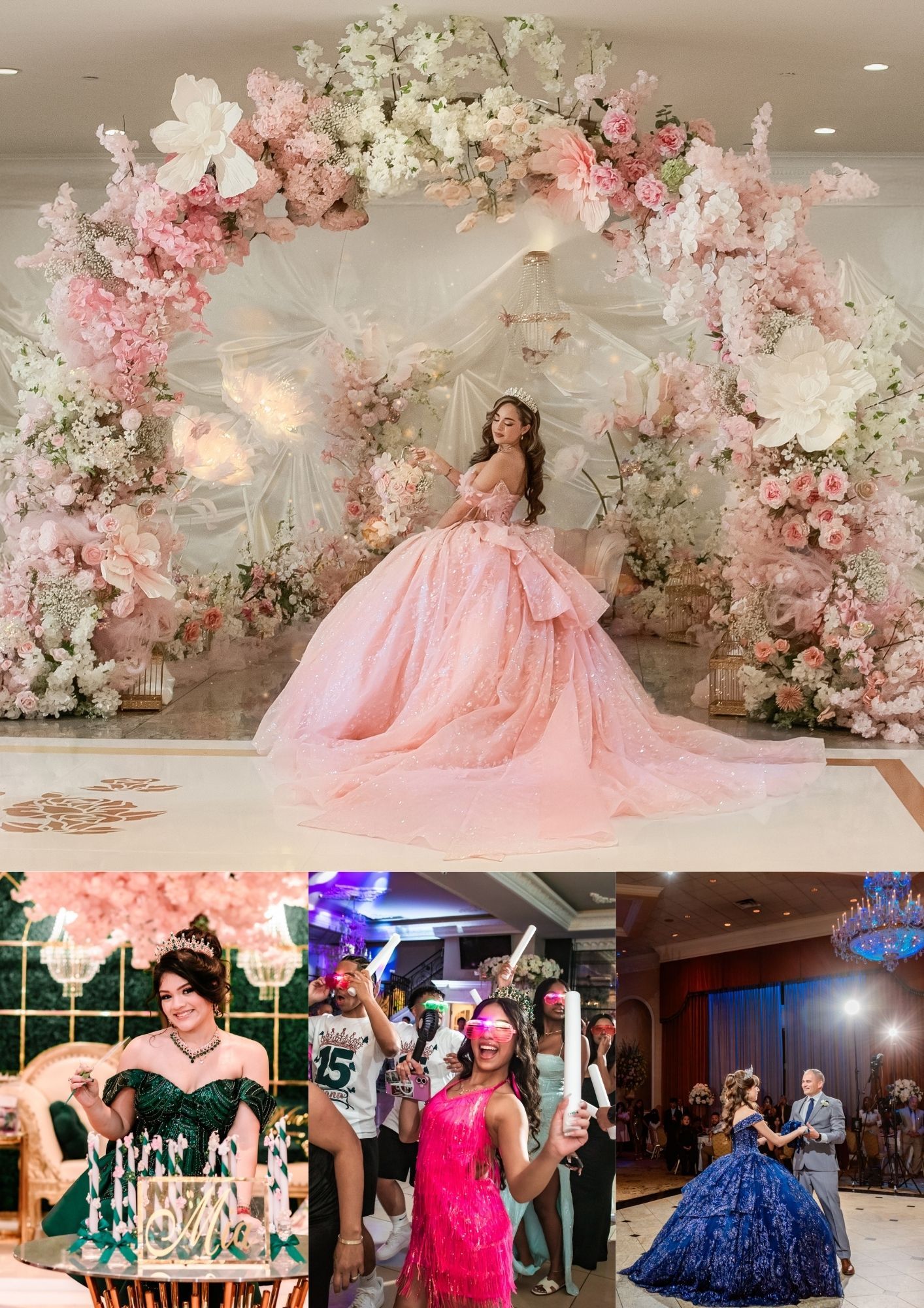 Young woman in pink ball gown poses under floral arch at quinceañera celebration with pink and white flowers.