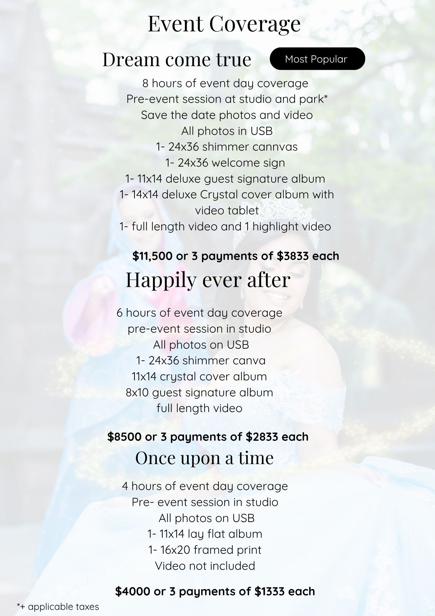 Wedding photography event coverage packages pricing chart showing Dream Come True, Happily Ever After, and Once Upon a Time tiers.