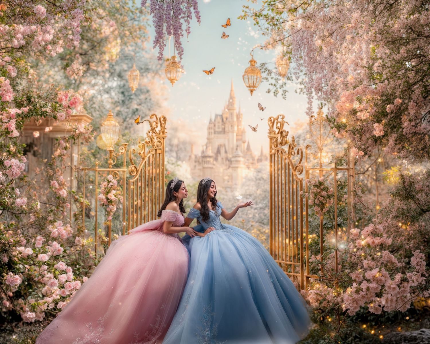 Two girls in pink and blue ball gowns stand at golden gate with castle and flowers backdrop. Sweet 16 photography