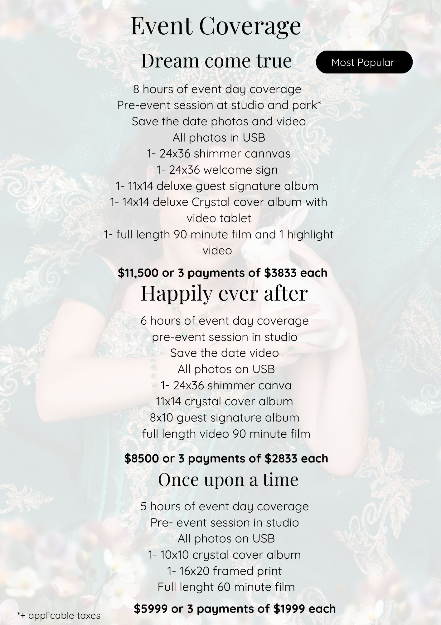 Event photography packages including Dream Come True, Happily Ever After, and Once Upon a Time pricing plans.