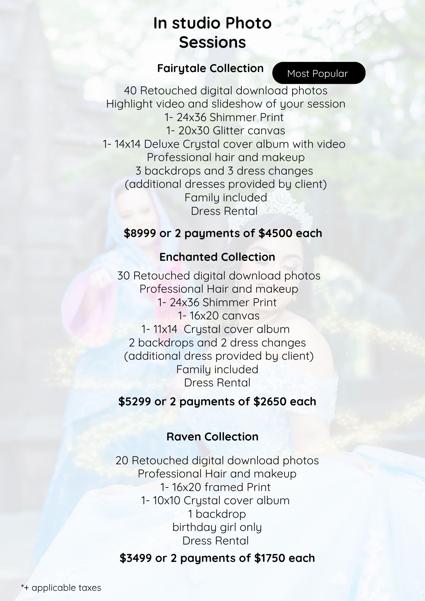 Studio photo session pricing guide featuring Fairytale, Enchanted, and Raven collections with packages starting at $3499.