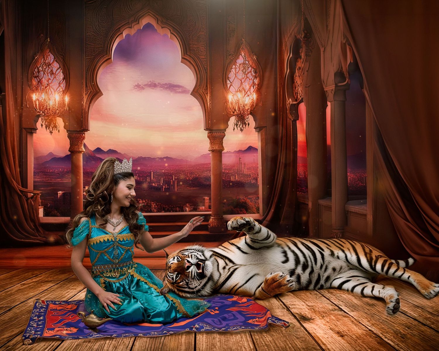 Young girl in turquoise quinceañera gown with gold embroidery, crown. Princess Jasmine inspired Photo Session