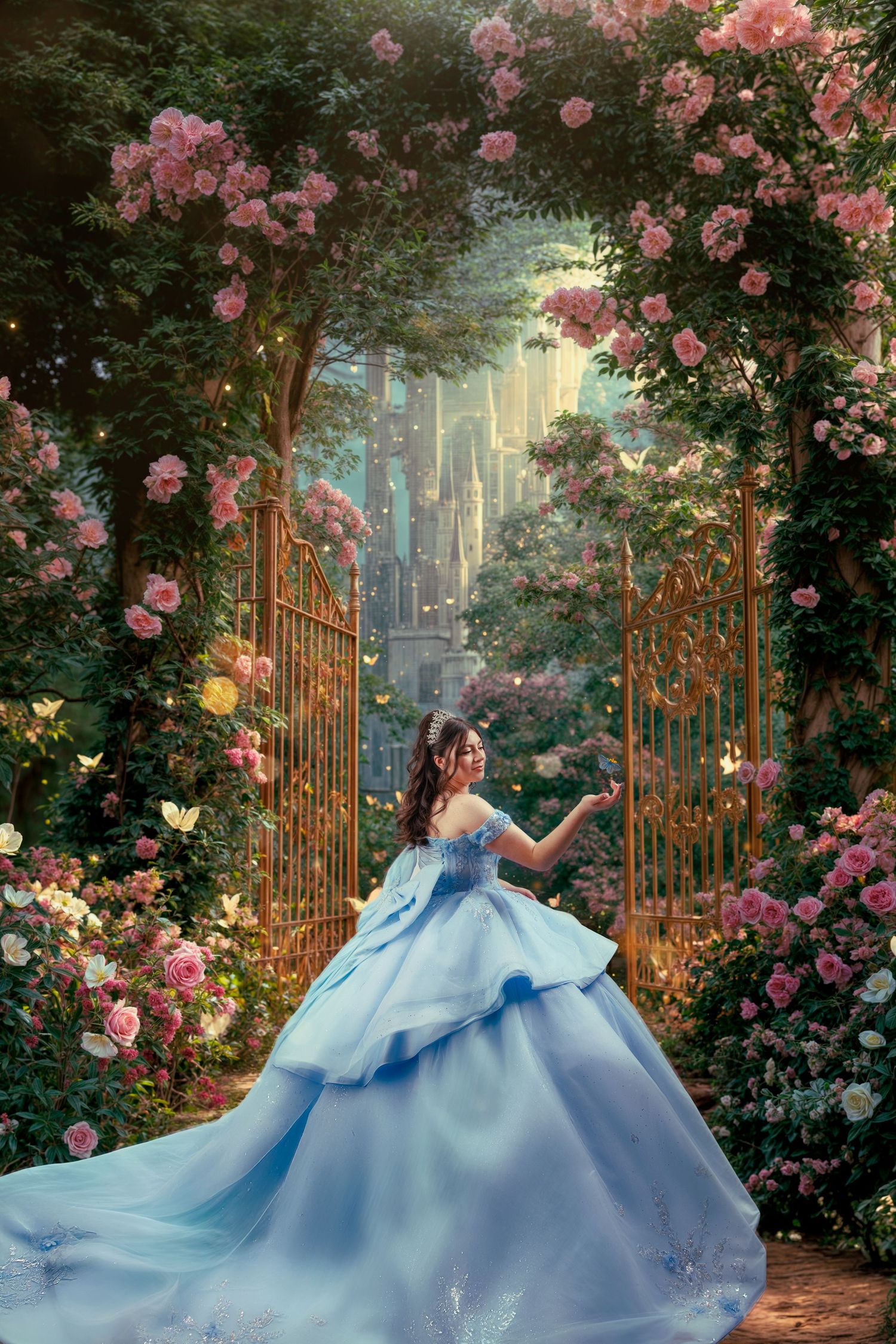 Girl in blue layered ball gown stands in enchanted rose garden gateway with castle in background. Sweet 16 photography